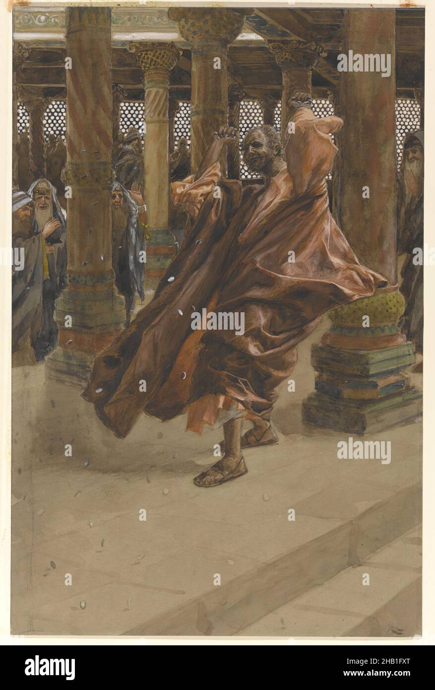 Judas restituisce il denaro, Judas rend l'argent, la vita di nostro Signore Gesù Cristo, la vie de Notre-Seigneur Jésus-Christ, James Tissot, francese, 1836-1902, acquerello opaco su grafite su carta grigia di coltre, Francia, 1886-1894, immagine: 11 13/16 x 7 3/4 in., 30 x 19,7 cm, azione, barba, cristianesimo, moneta, monete, colonne, colonne, dinamiche, dinamiche, Francese, artista francese, colpevolezza, Gesù Cristo, Giuda, Figura maschile, Matteo 27:3-8, rammarico, religioso, arte religiosa, pentiti, abiti, abiti, dolore, tempio, Tissot, traditore Foto Stock