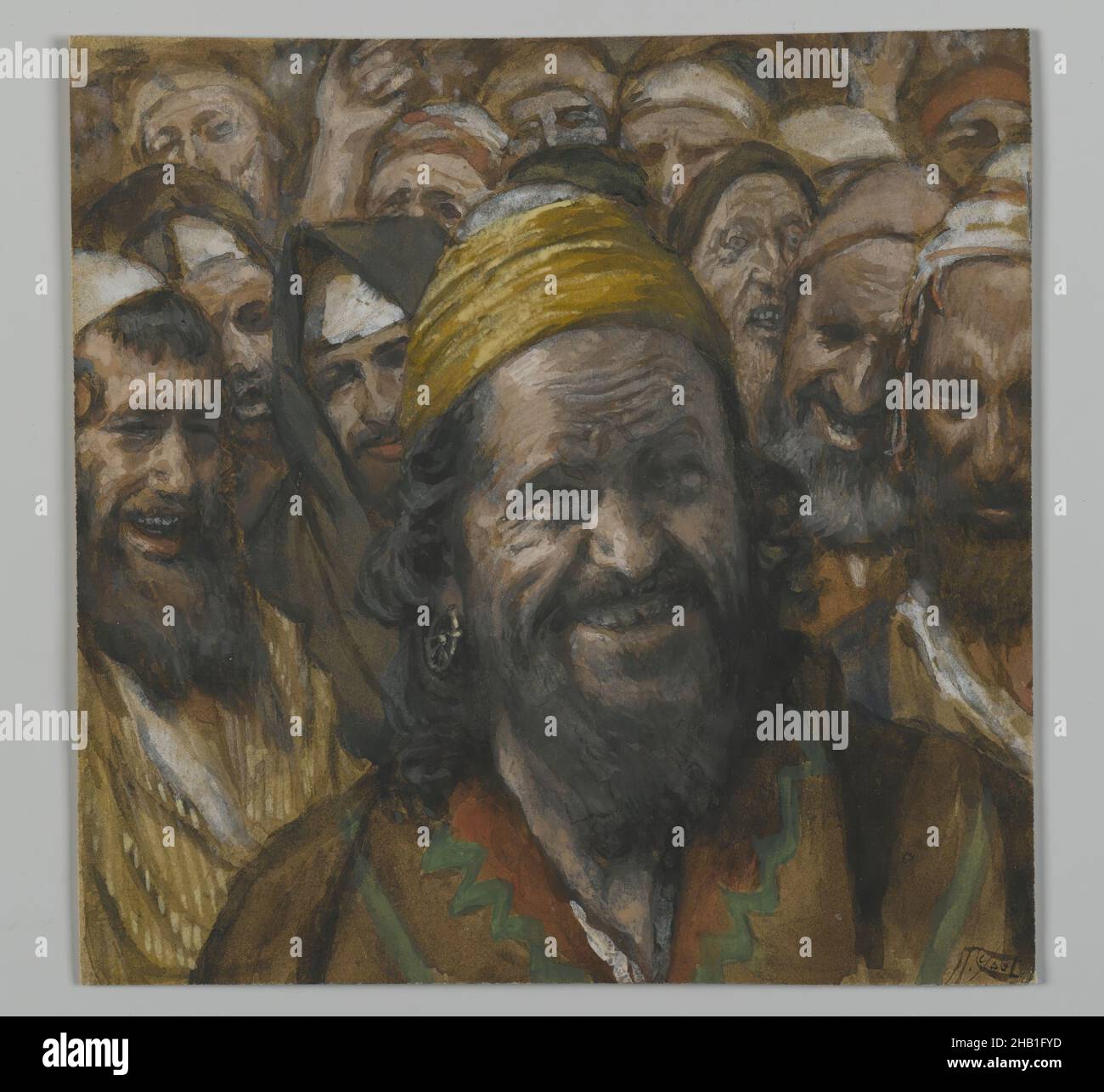 Barabbas, la vita di nostro Signore Gesù Cristo, la vie de Notre-Seigneur Jésus-Christ, James Tissot, francese, 1836-1902, acquerello opaco su grafite su carta grigia di coltre, Francia, 1886-1894, immagine: 3 3/4 x 3 3/4 in., 9,5 x 9,5 cm, arte, barba, boucle d'oreille, Folla, orecchini, europeo, cappello, uomini, Ritratto, religioso, arte religiosa, romano, sorriso, Ladro, Tissot, acquerello, giallo Foto Stock