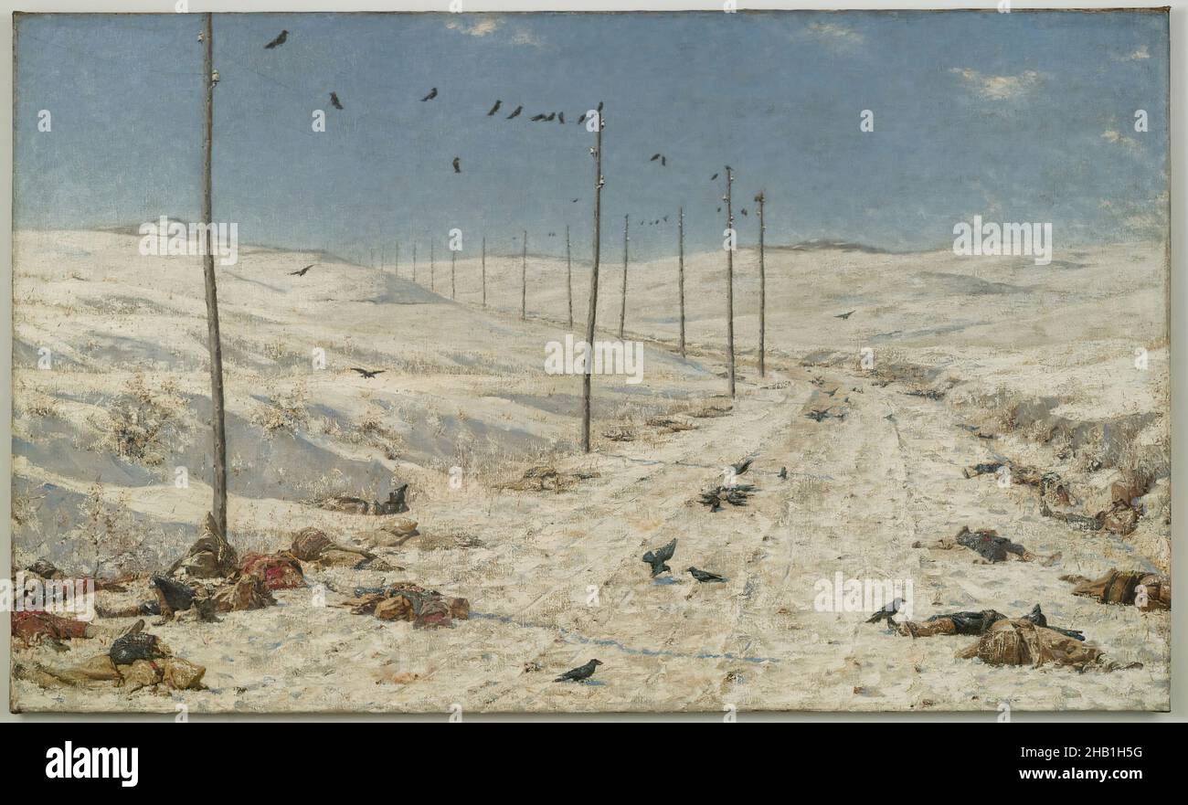 La strada dei prigionieri di guerra, Vasily Vereshchagin, russo, 1842-1904, olio su tela, Russia, 1878-1879, 71 1/4 x 117 11/16 x 2 1/4 pollici, 181 x 298,9 x 5,7 cm, 1878-1879, uccelli, corpi, freddo, cadaveri, corvi, morte, decadimento, desolato, Drammatico, olio su tela, pettinatura, strada, pittura russa, Scavengers, neve, riforma sociale, stark, Texture, guerra Foto Stock