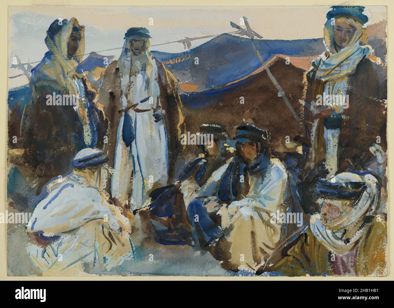 Bedouin Camp, John Singer Sargent, americano, nato in Italia, 1856-1925, Acquerello opaco e traslucido, 1905-1906, 10 x 14 1/16 pollici, 25,4 x 35,7 cm, acquerello americano, arabo, arabo, cappio, deserto, famiglia, igal, kibr, kufeya, Uomini, Medio Oriente, nomade, riposo, tenda, thobe, tob, turban Foto Stock