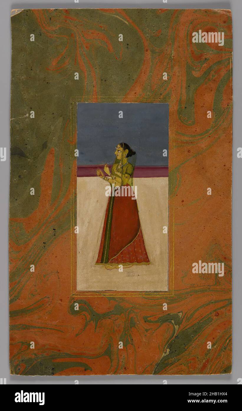 Foto indiana, frammento, acquerelli opachi e oro su carta, ca. 1800, immagine: 4 7/16 x 2 3/16 pollici, 11,2 x 5,5 cm, delicato, oro, indiano, miniatura, ritratto, singolo, minuscolo, velo, donna Foto Stock