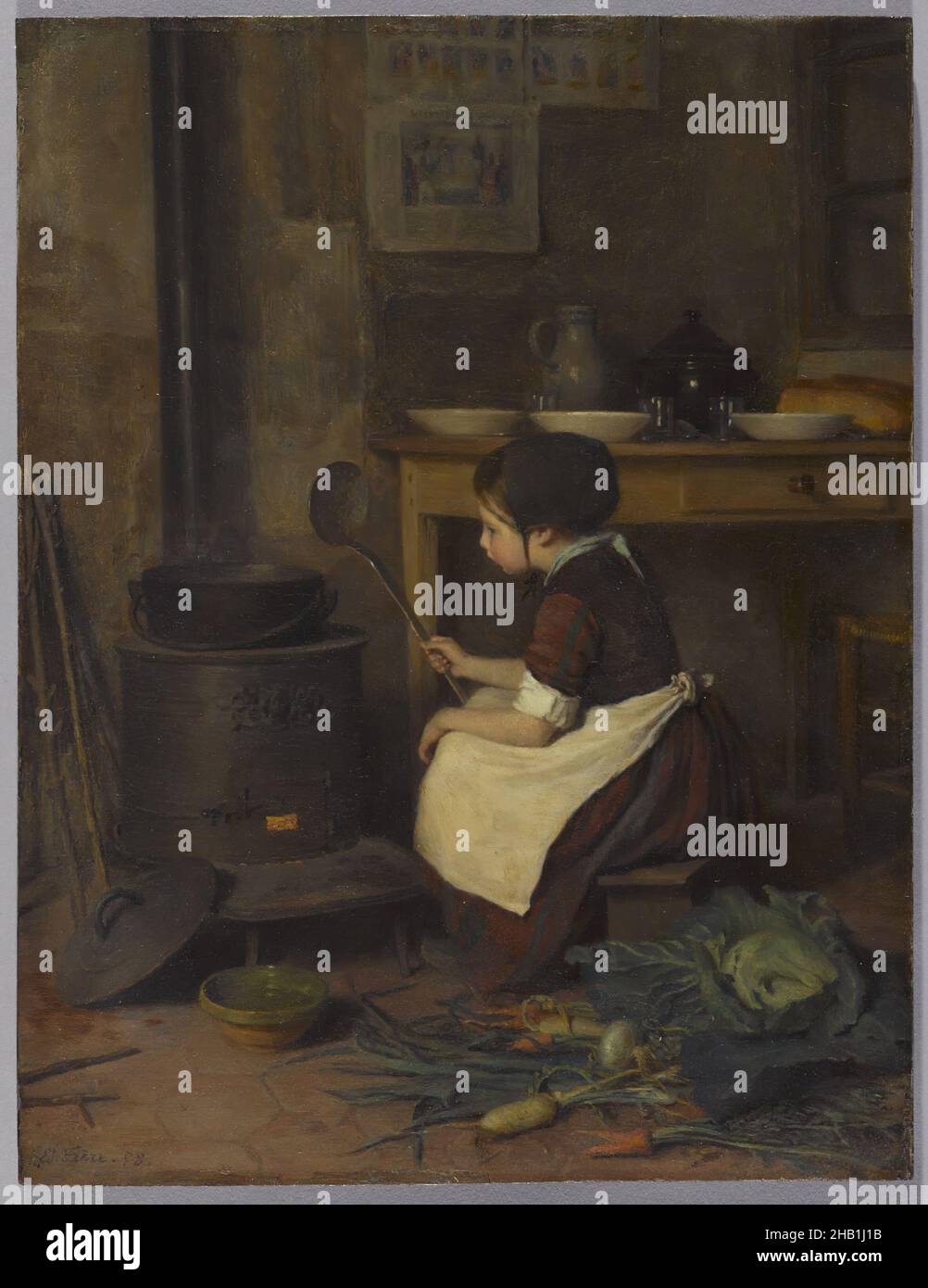 The Little Cook, la Petite cuisinière, Pierre-Édouard Frère, francese, 1819-1886, Olio su pannello, Europa, 1858, 12 1/8 x 9 1/4in., 30,8 x 23,5cm, 1858, 19th secolo, grembiule, ciotole, cavolo, bambino, lavoro del bambino, infanzia, Cucina, vita quotidiana, scena domestica, europeo, dipinti europei, Femmina, cibo, cibo e bevande, Francese, Frere, Genere, ragazza, umanesimo, interni, cucina, La Petite cuisiniere, mestolo, stile di vita, pasto, cipolla, Pittura, Pierre Edouard Frere, caraffa, pentola, vita rurale, Seduto, cucchiaio, stufa, il cuoco piccolo, rapa, verdure Foto Stock