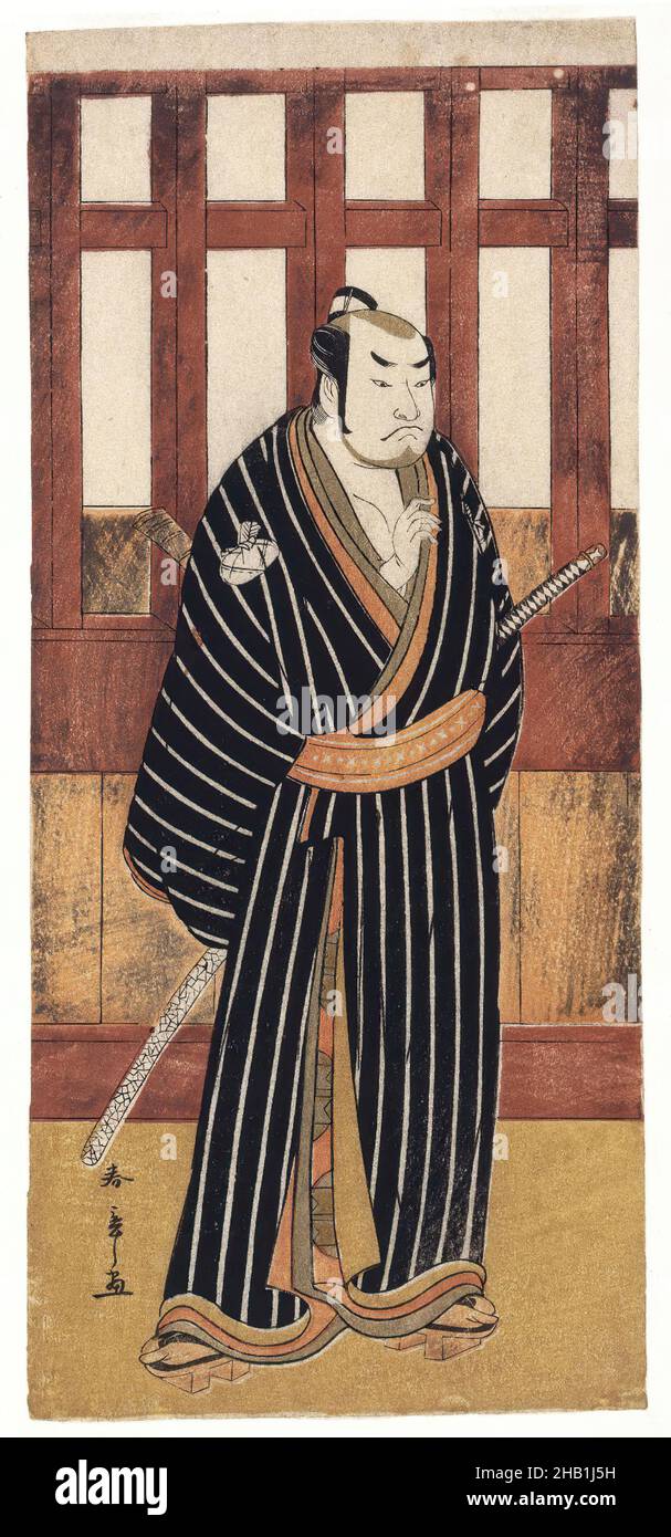 The Actor Sakata Hangoro II, Katsukawa Shunsho, giapponese, 1726-1793, stampa a blocchi di legno a colori su carta, Giappone, ca. 1780, periodo Edo, 13 x 5 1/2 pollici, 33 x 14 cm, attore, costume, periodo Edo, Giappone, Giapponese, Kabuki, Katana, Poesia, Samurai, palcoscenico, spada, teatro, Ukiyo-e Foto Stock