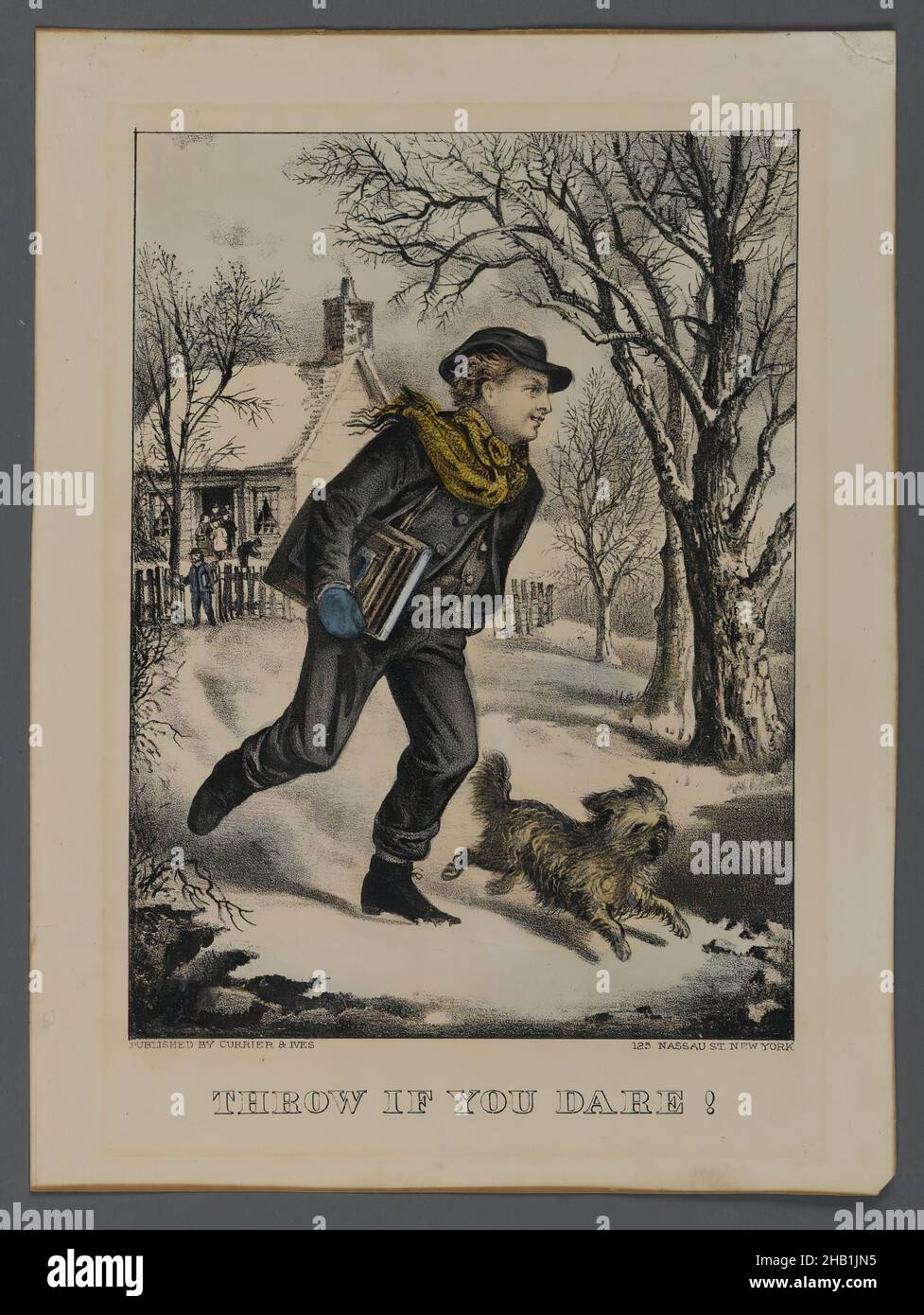 Throw if you dare!, Currier & Ives, americano, litografia a mano su carta straccia, n.d., foglio: 9 1/2 x 7 1/16 pollici, 24,2 x 18 cm, americano, americana, costume, paese, Scena di campagna, cane, Divertimento, stile di vita, Nostalgia, Scena, Scuola, Schoolhouse, neve scena, palle di neve, Studente, Inverno, scena invernale Foto Stock