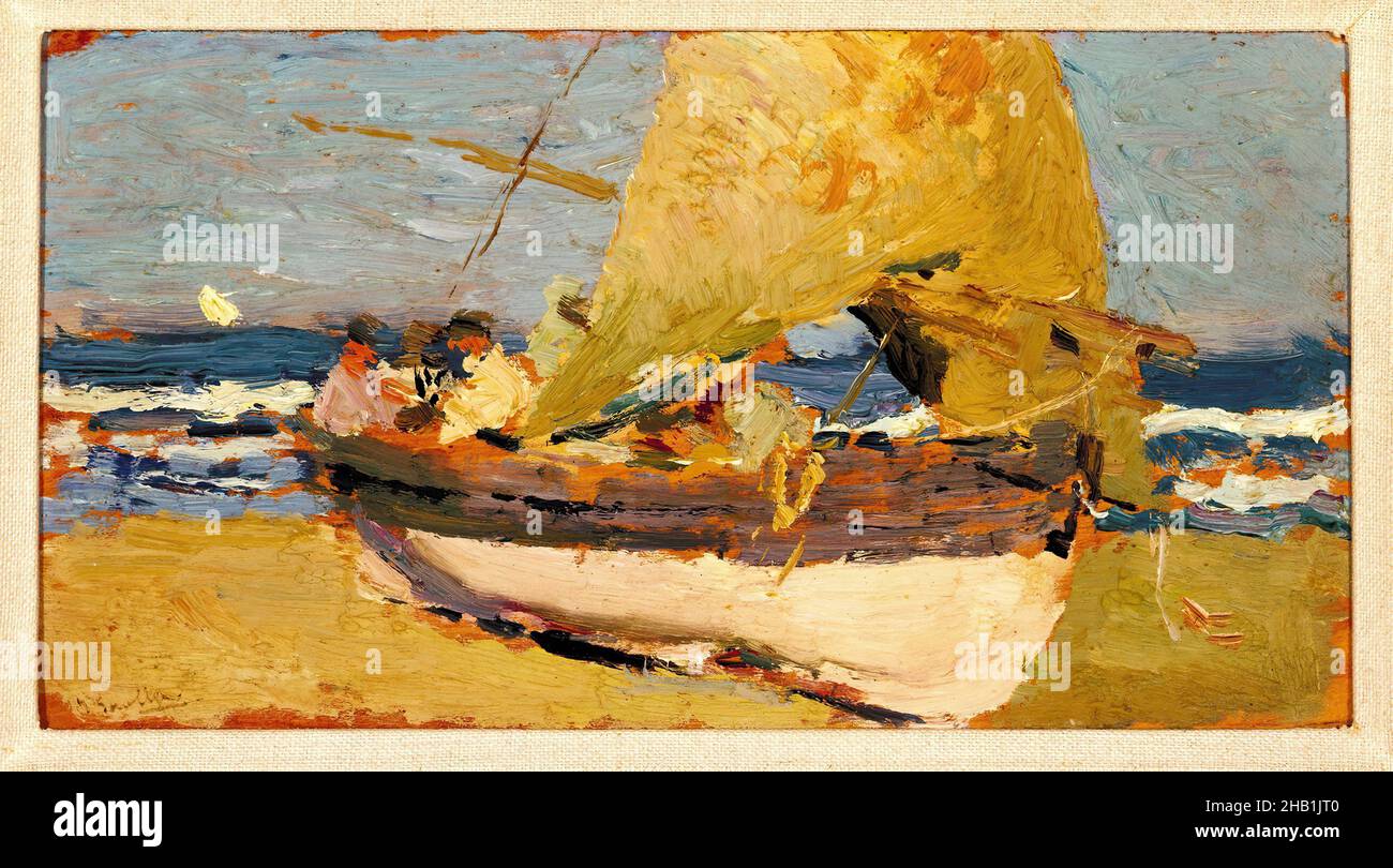 Spiaggia di Valencia, Playa de Valencia, Joaquín Sorolla y Bastida, spagnolo, 1863-1923, olio su pannello di legno, Spagna, ca. 1908, 5 1/4 x 10 1/2 pollici, 13,3 x 26,7 cm, 20thC, apunte, Bastida, barca, europeo, Joaquin, tempo libero, stile di vita, nautico, ndd12, Ocean, Pittura, plage, Barca a vela, barca a vela in camicia, sorolla, Spagna, pittura spagnola, onde Foto Stock