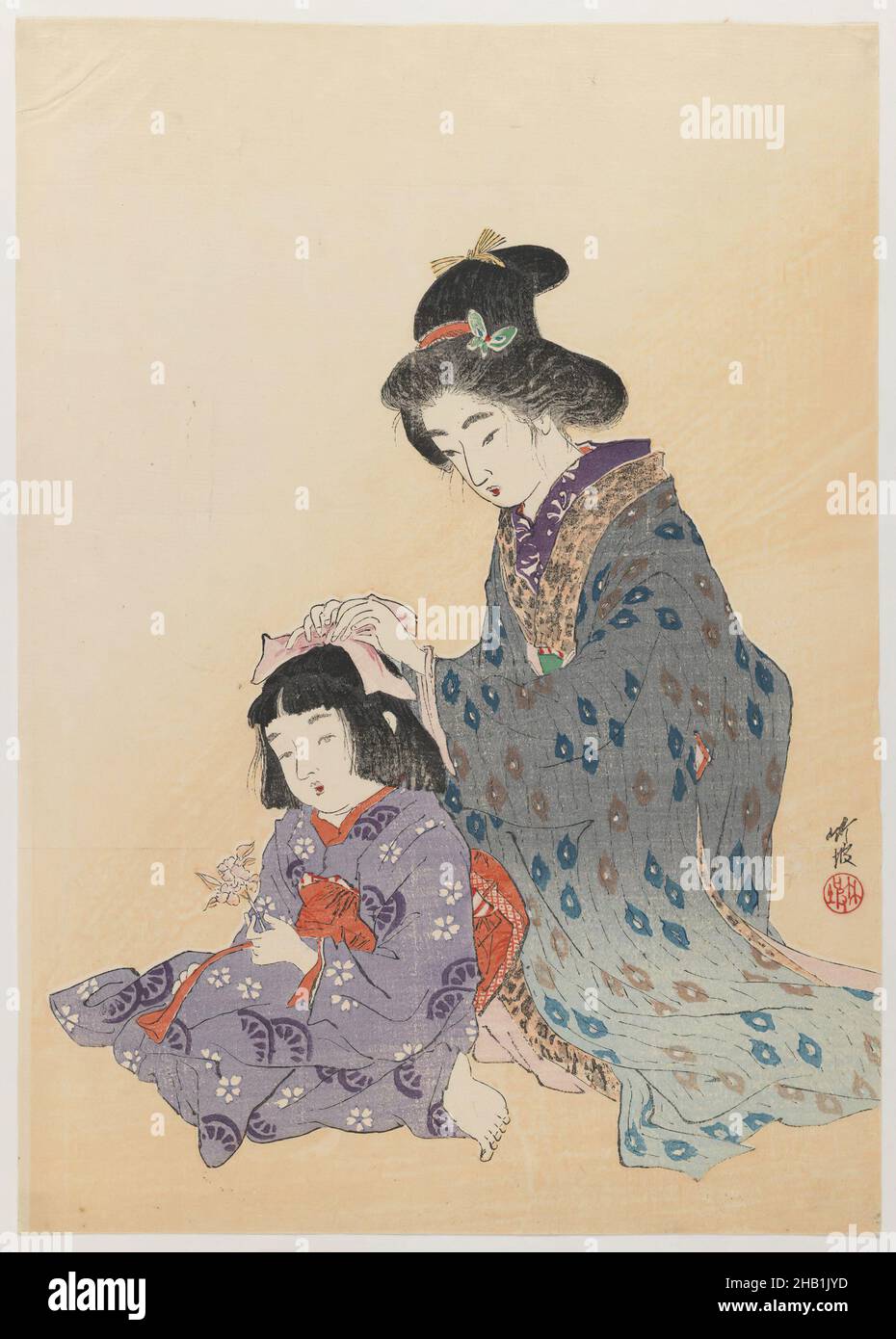 Donna che fissa i capelli della ragazza, Odake Chikuha, 1878-1936, stampa del blocco di legno, Giappone, 1900, periodo Meiji, 12 1/8 x 8 5/8 pollici, 30,8 x 21,9 cm, infanzia, capelli, madre e bambino, madre e figlia Foto Stock