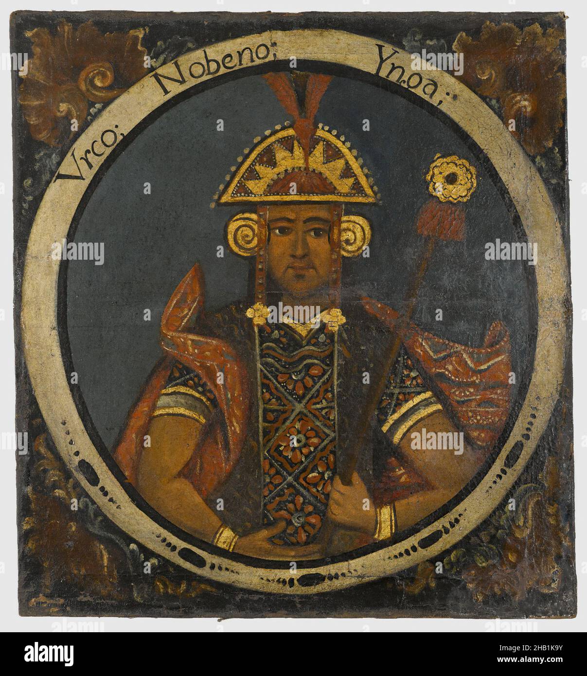 Urco, Ninto Inca, 1 dei 14 Ritratti dei Re Inca, Peruviano, olio su tela, Perù, metà del 18th secolo, Probabilmente, periodo coloniale, 23 7/16 x 21 9/16in., 59,5 x 54,8cm, braccialetti, conquista, eartspools, Headdress, eredità ispanica, storica, Inca, re, arte latino-americana, leader, ndsp, olio su tela, pittura, Perù, potere, pre-coloniale, regalità, regnante, società, arte spagnola americana, personale, sincretismo, tessile Foto Stock