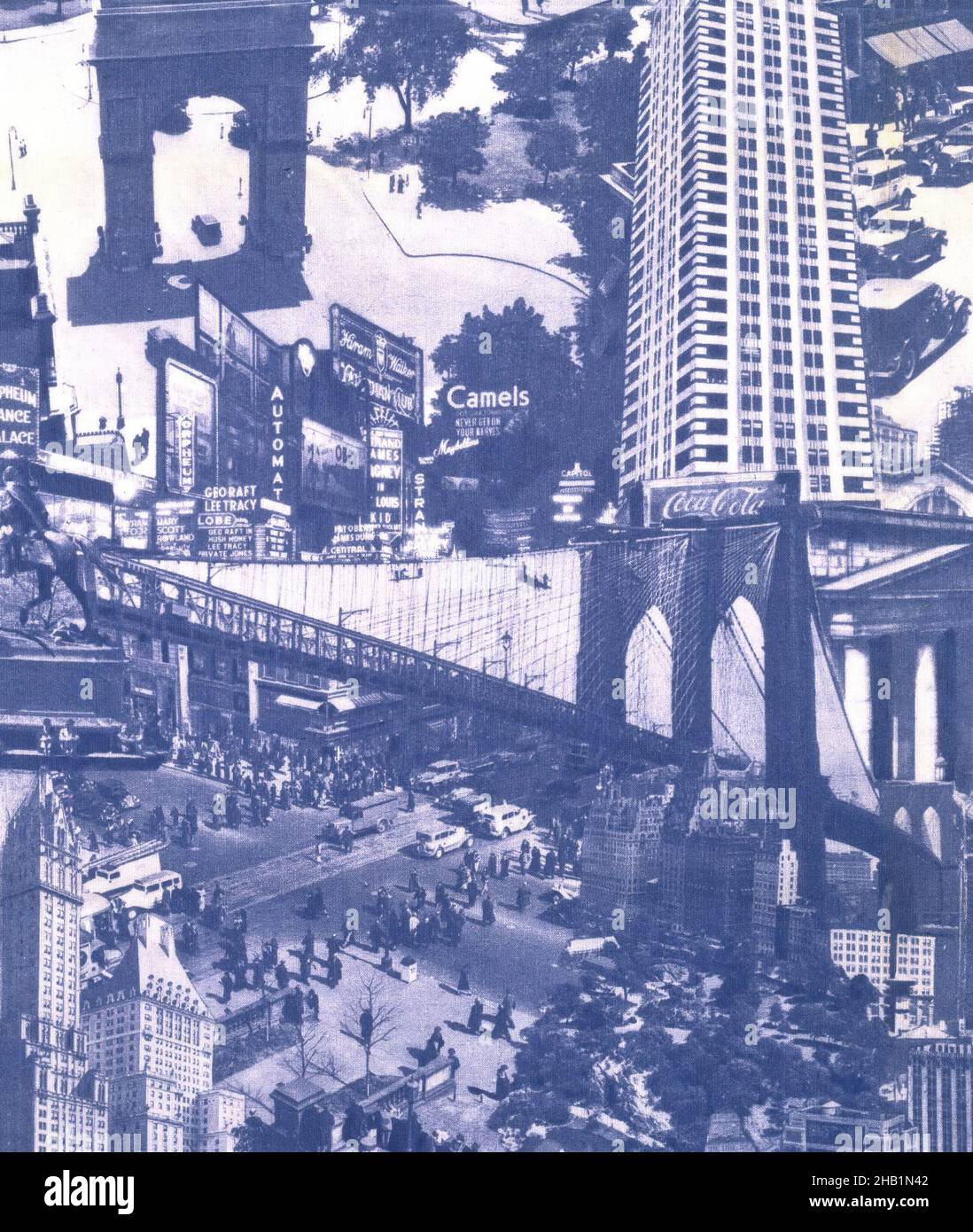 Tessuto, cotone, ca. 1935, 57 1/2 x 36 pollici, 146,0 x 91,5 cm, blu, Brooklyn Bridge, monocromatico, New York, Sherman Monument, Springs Industries, Textile, Toile, Washington Square Foto Stock