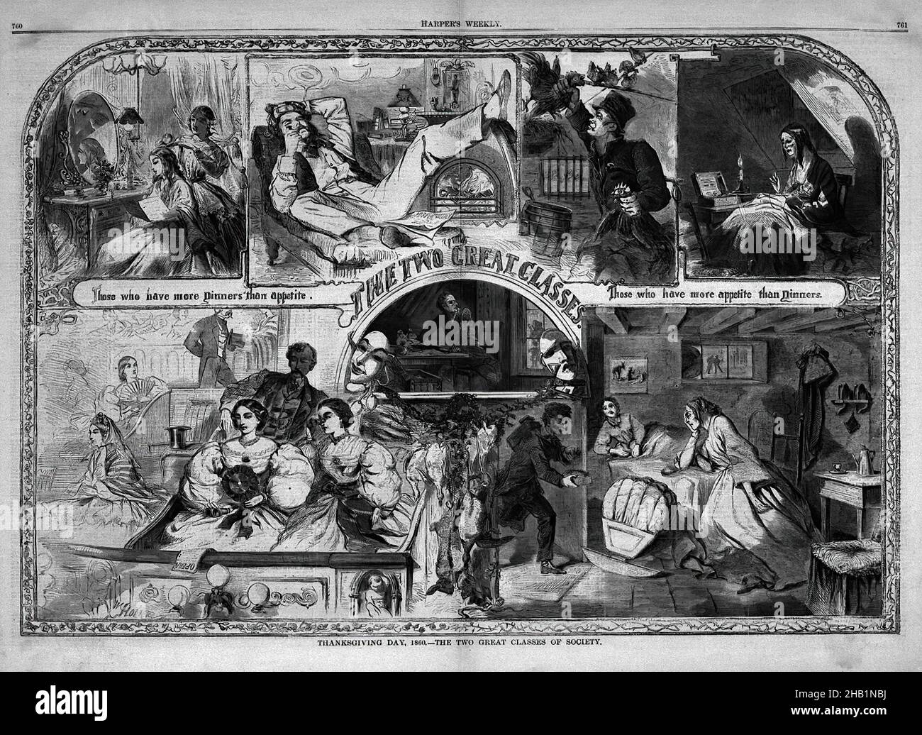 Giorno del Ringraziamento, 1860--le due grandi classi della società ', Winslow Homer, americano, 1836-1910, incisione del legno, 1860, immagine: 13 7/8 x 20 1/2 pollici, 35,2 x 52,1 cm, rendimento di grazie, Afro-Americani, schiavitù Foto Stock