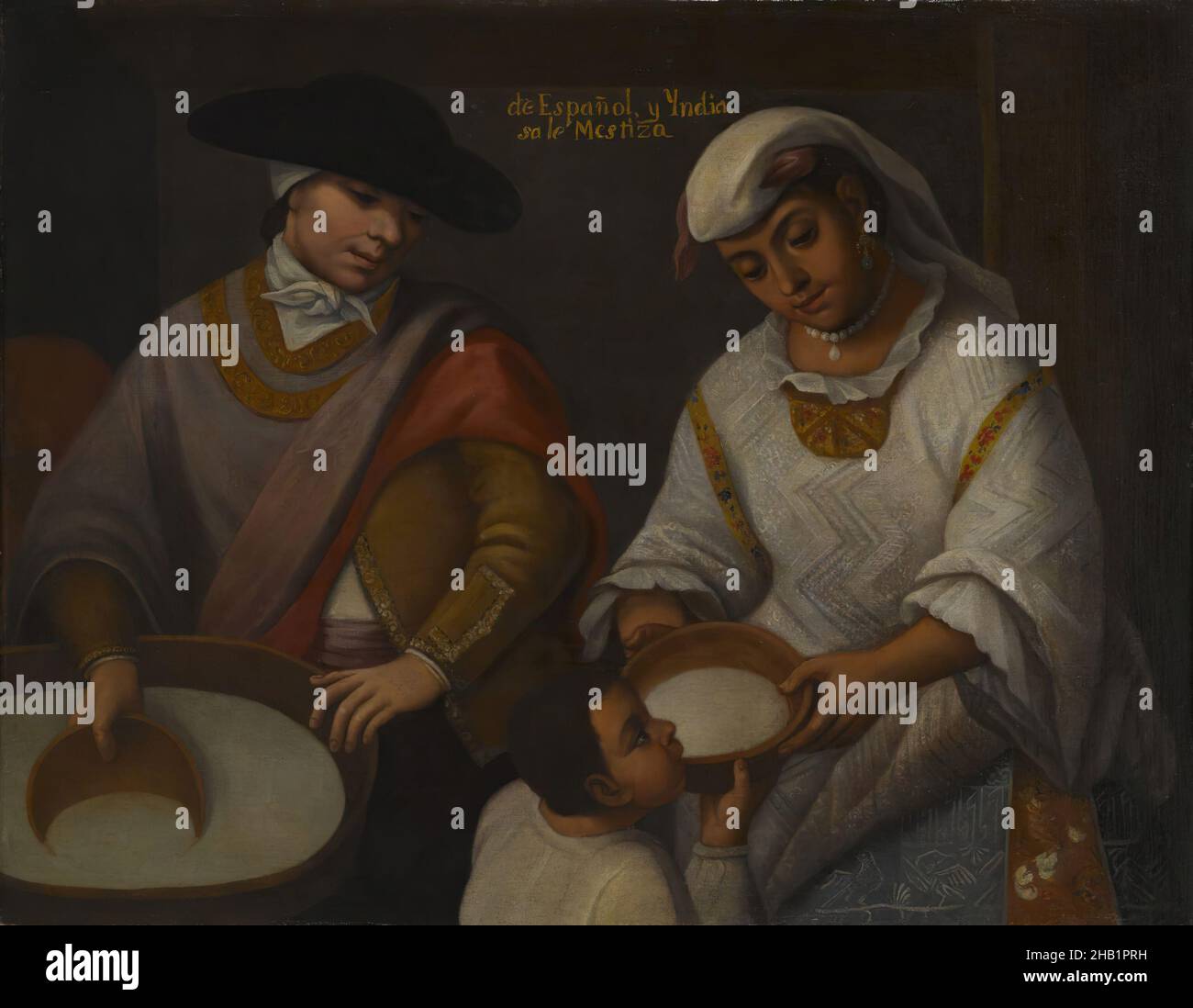 Da spagnolo e indiano, Mettico, De Español y India vendita Mettico, messicano, olio su tela, inizio 18th secolo, 31 1/2 x 40 3/16 in., 80 x 102,1 cm, birazziale, bambino, coppia, bere, orecchini, mangiare, cibo, headdress, monili, uomo, latte, razza mista, collana, perle, Colore della pelle, stato, gustoso, donna Foto Stock