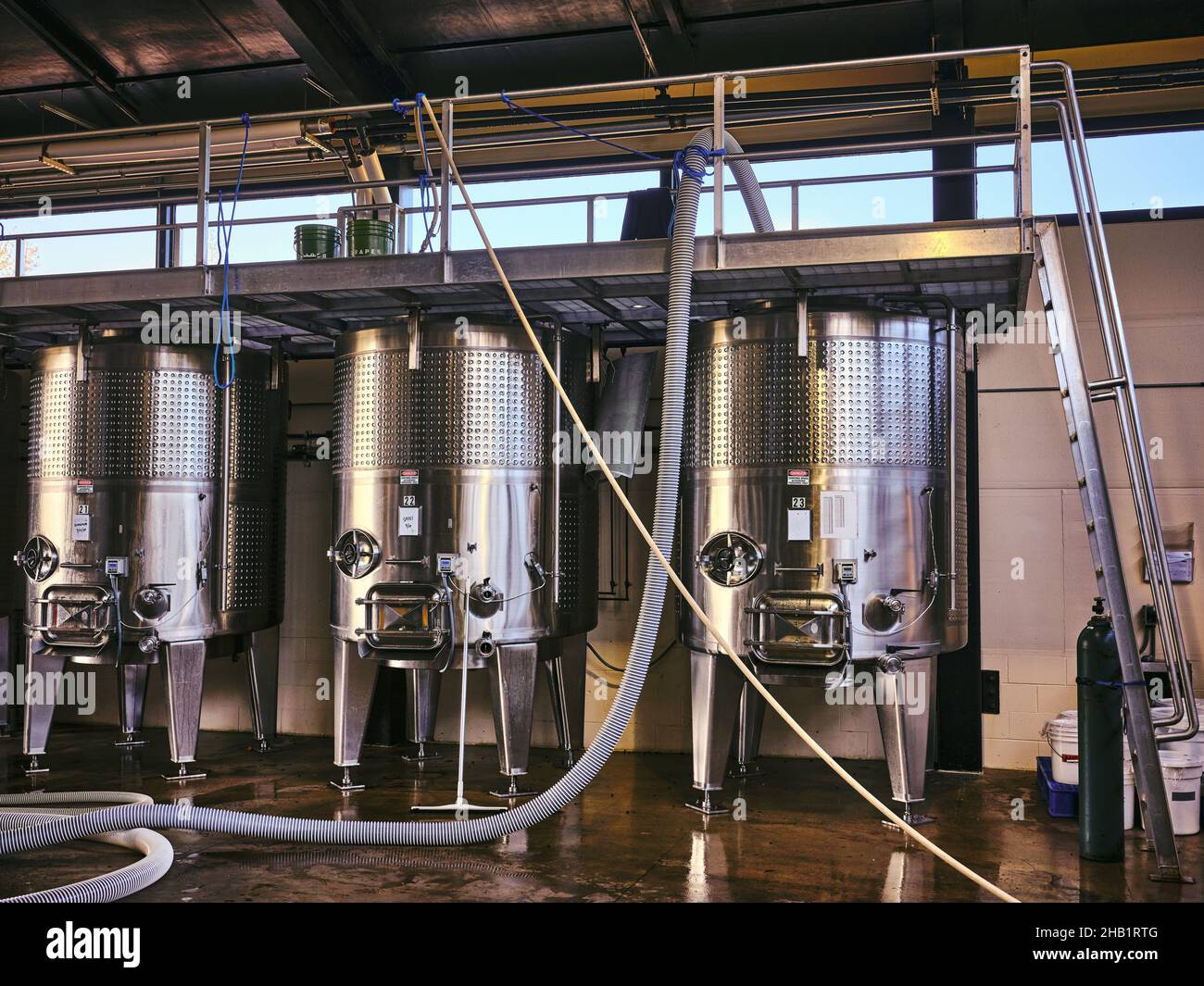 Serbatoi di fermentazione in un impianto di vinificazione Foto Stock