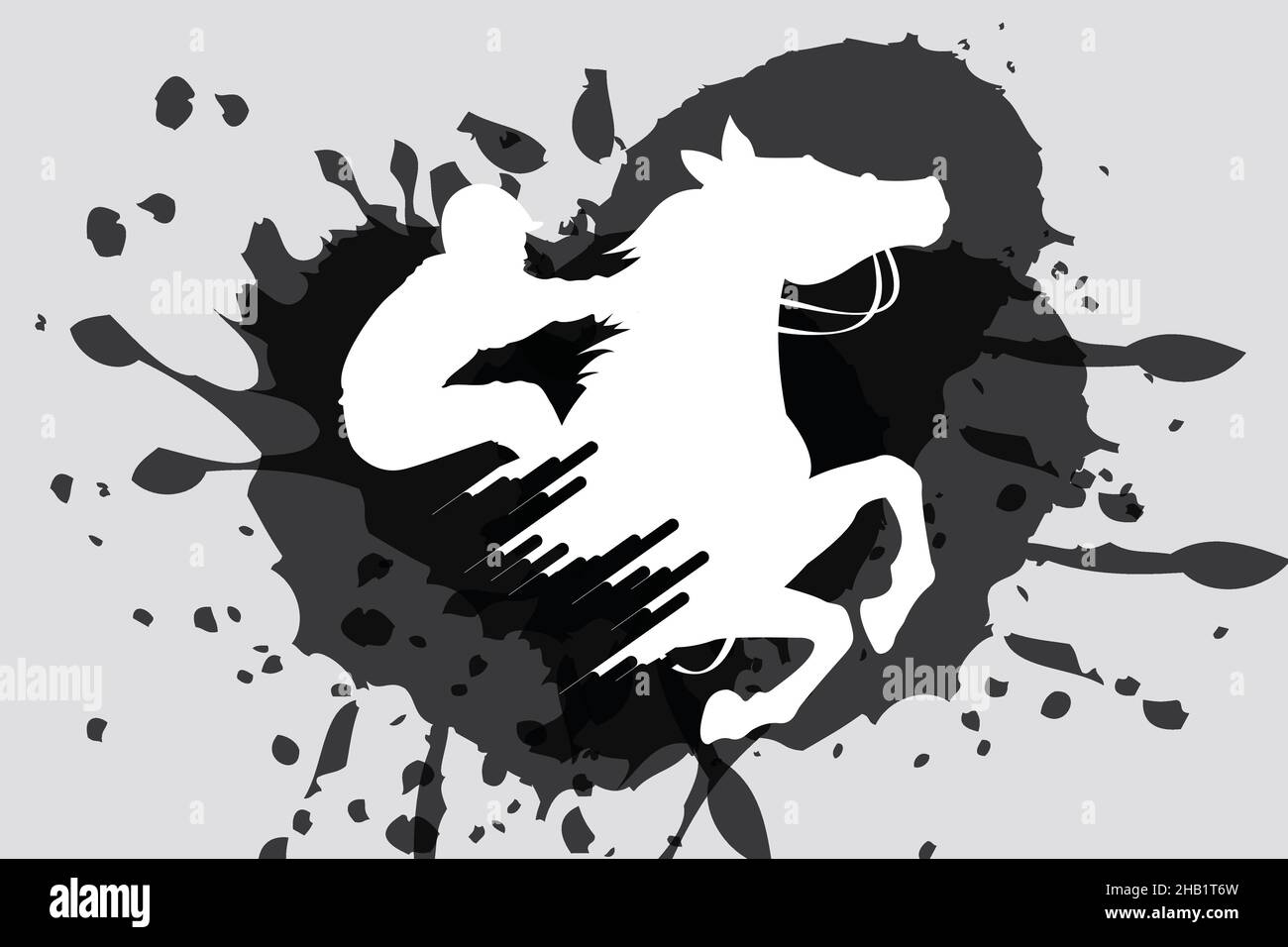 Illustrazione vettoriale del cavallo da corsa con jockey. Silhouette nera isolata su sfondo grigio chiaro. Logo del concorso equestre. Illustrazione Vettoriale