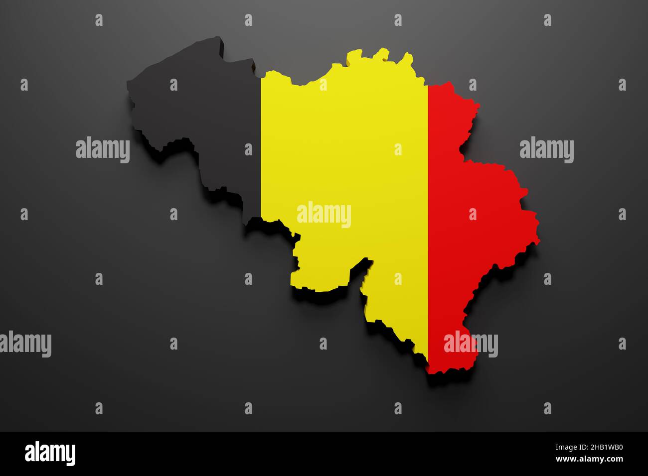 3D rappresentazione di una forma di mappa belga con bandiera. Sfondo nero. Foto Stock