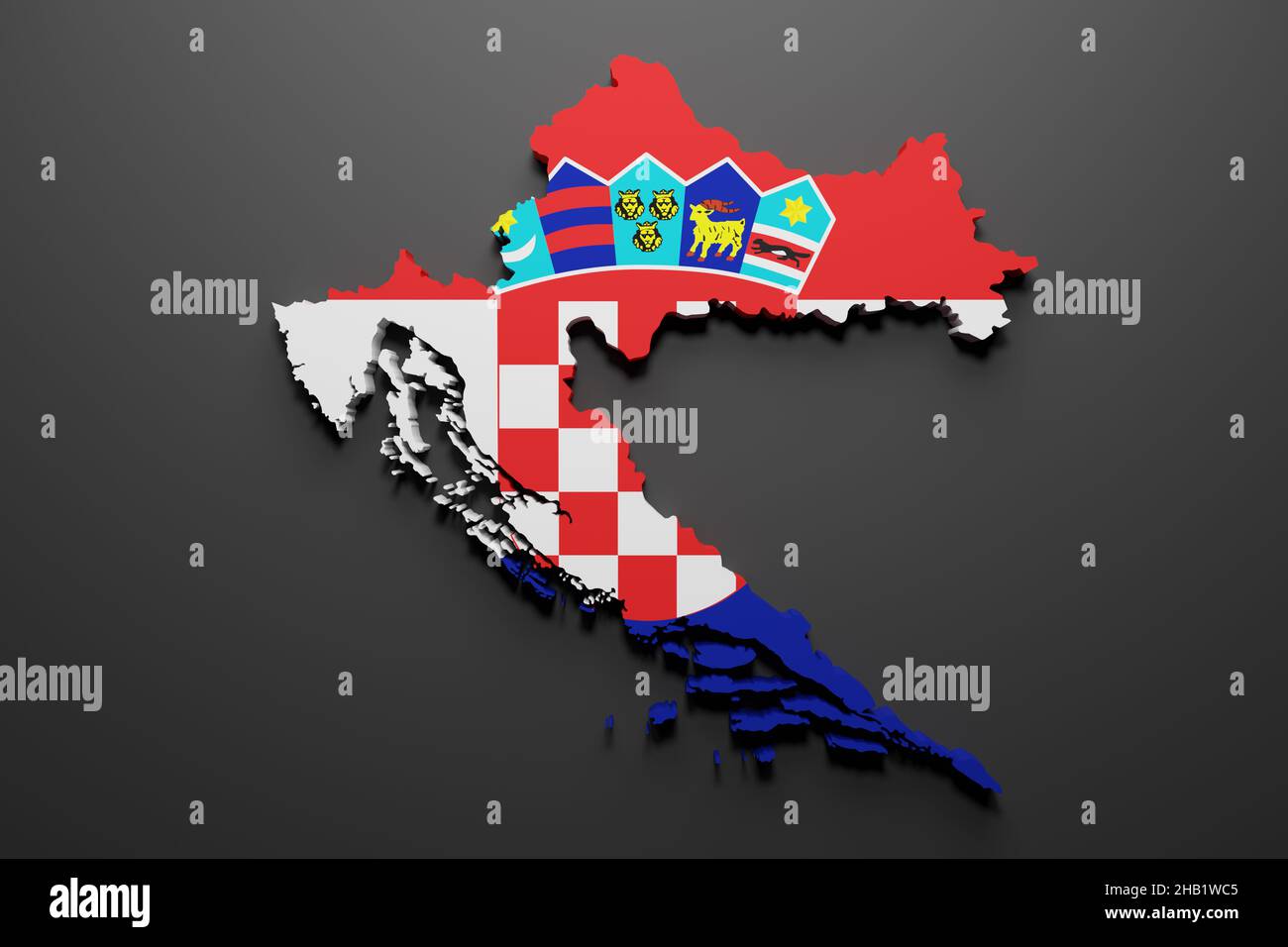3D rappresentazione di una forma di mappa della Croazia con bandiera. Sfondo nero. Foto Stock