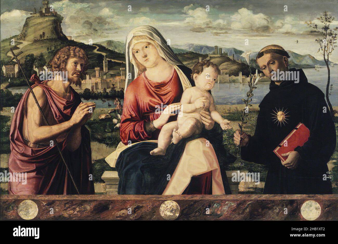 Madonna col Bambino con i Santi Giovanni Battista e Nicola di Tolentino, Tempera e olio su pannello di pioppo, primi del 1500s, 28 3/8 x 43 3/4 pollici, 72,1 x 111,1 cm, raggi X. Foto Stock