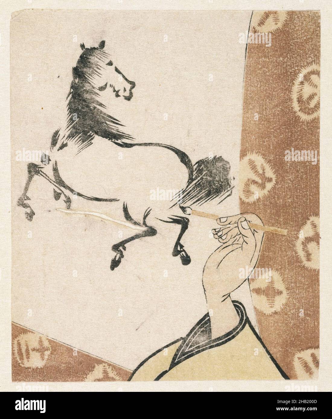 E-Goyomi, Pennello da presa a mano e a cavallo, stampa a blocchi di legno a colori su carta., Giappone, 1786-1787, periodo Edo, 4 1/2 x 3 3/4 pollici, 11,5 x 9,6 cm, azione, animale, artista, cavallo, mane, autoreferenziale, Sumi-e, coda Foto Stock