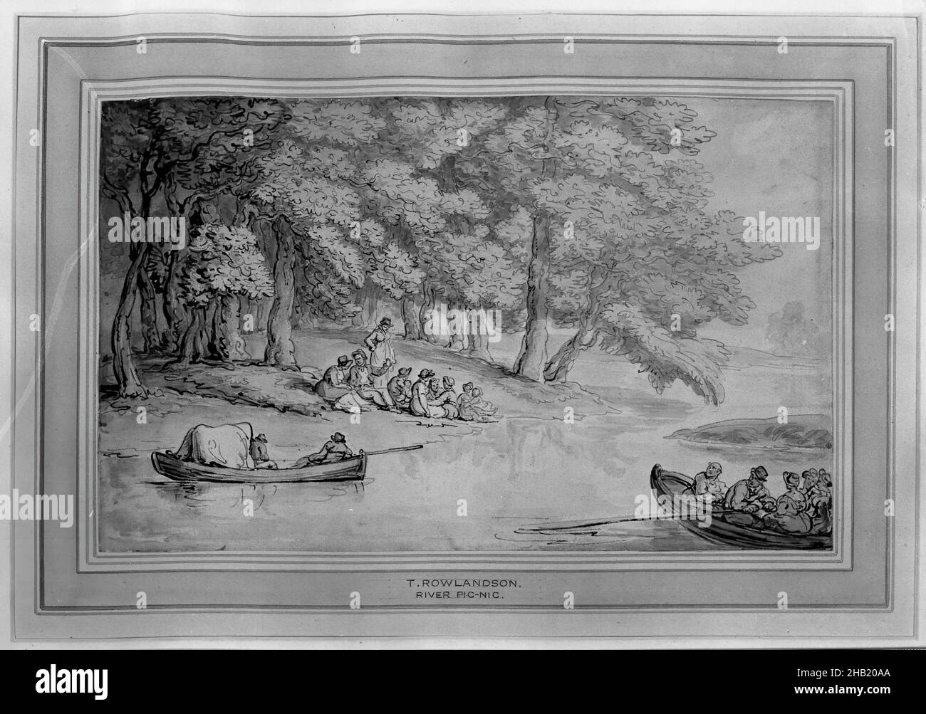 River picnic, Thomas Rowlandson, British, 1756-1827, Wash disegno su carta pesante incollato giù, ca. 1805-1810, 5 11/16 x 9 5/16 pollici, 14,5 x 23,6 cm, barche, canoe, cibo e bevande, tempo libero, canottaggio Foto Stock