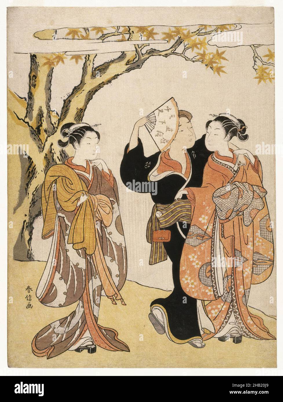 Maple Leaf Viewing, Suzuki Harunobu, Japanese, 1724-1770, Color woodblock print on paper., Japan, ca. 1769, periodo Edo, 11 x 8 3/16 in., 28 x 20,8 cm, bijin, bijinga, cortesani, Handfan, Harunobu, Giappone, Giapponese, Kimono, uomo, Piacere, roué, ukiyo, Ukiyo-e, Donne Foto Stock