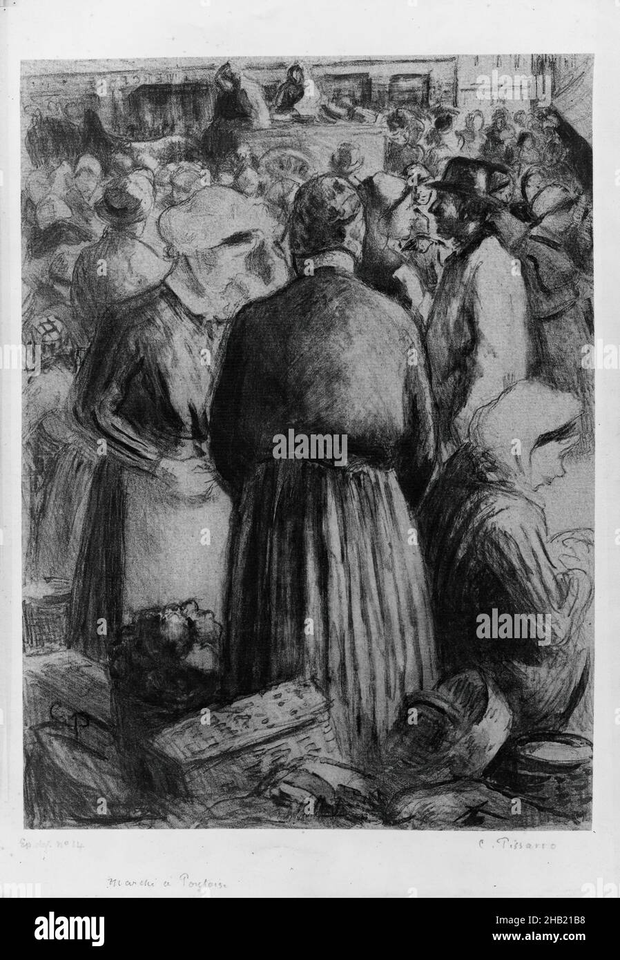 Mercato a Pontoise, Marché à Pontoise, Camille Jacob Pissarro, francese, 1830-1903, Litografia su carta di colino, Francia, 1895, 11 15/16 x 8 3/4 in., 30,4 x 22,3 cm, 19th secolo, francese, litografia, mercato, Pisarro, shopping Foto Stock