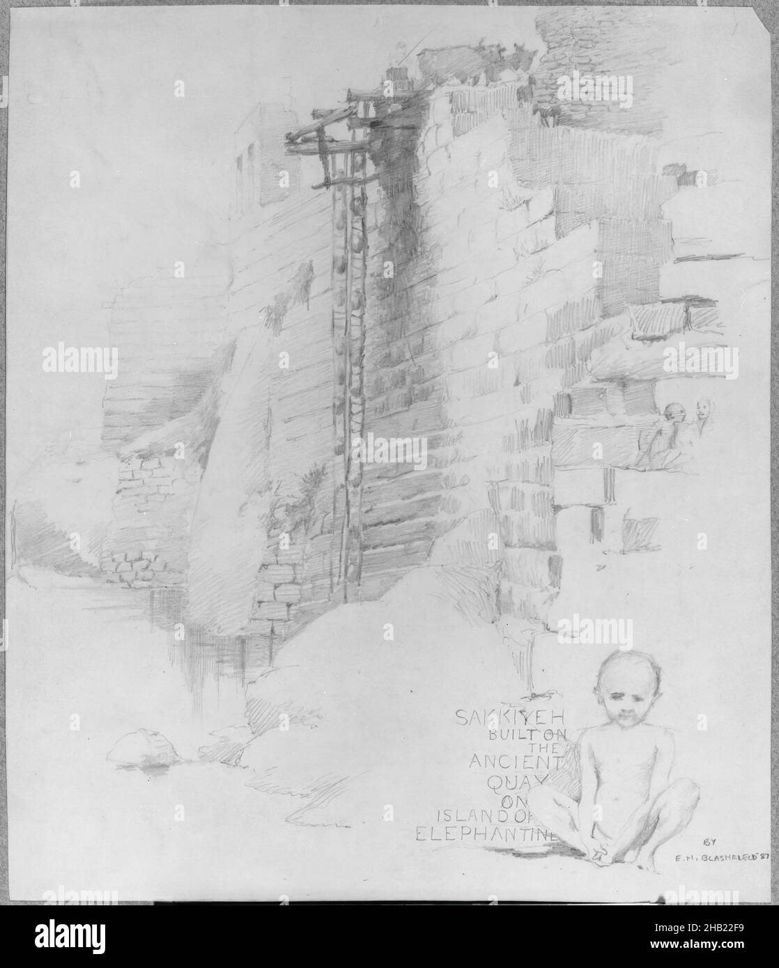 Sakia al Nilometro, Isola di Elefantina, Edwin Howland Blashfield, americano, 1848-1936, Grafite su carta montata su cartone grigio, 1887, foglio: 11 3/4 x 10 1/16 pollici, 29,8 x 25,6 cm Foto Stock
