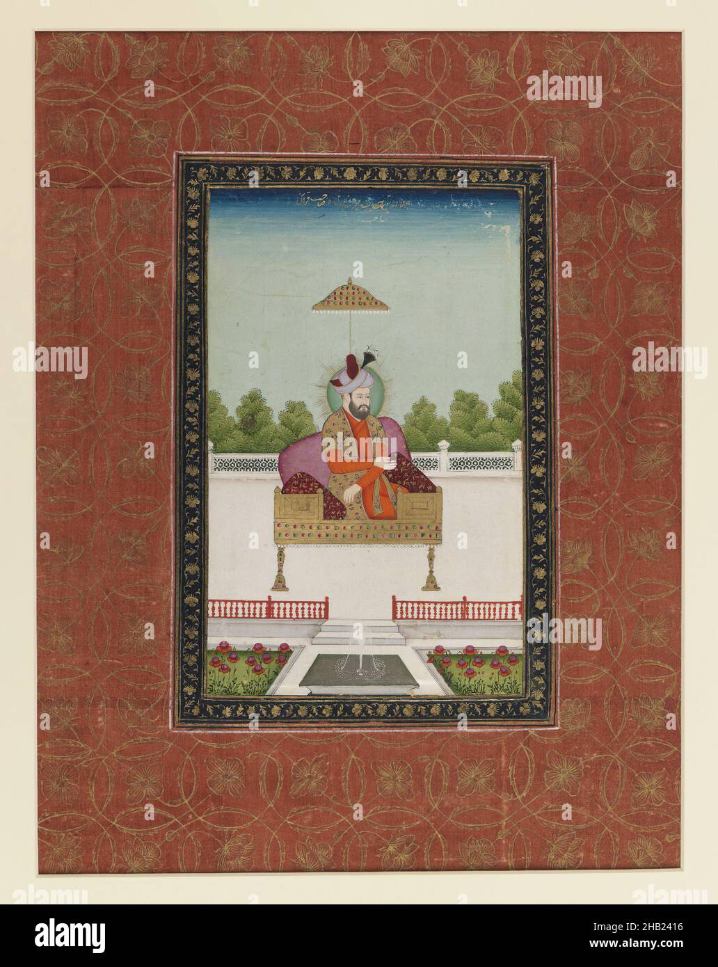 Miran Shah, indiano, acquerello opaco e oro su carta, Deccan, India, 1875-1900, Mughal, Foglio: 19 5/8 x 11 3/4 pollici, 49,8 x 29,8 cm, Deccan, Feather, Oro, Halo, Hyderabad, Kula, Miran Shah, carta, Parasol, Terrazza, Trono, Watercolor Foto Stock Miran Shah, indiano, acquerello opaco e oro su carta, Deccan, India, 1875-1900, Mughal, Foglio: 19 5/8 x 11 3/4 pollici, 49,8 x 29,8 cm, Deccan, Feather, Oro, Halo, Hyderabad, Kula, Miran Shah, carta, Parasol, Terrazza, Trono, Watercolor Foto Stock