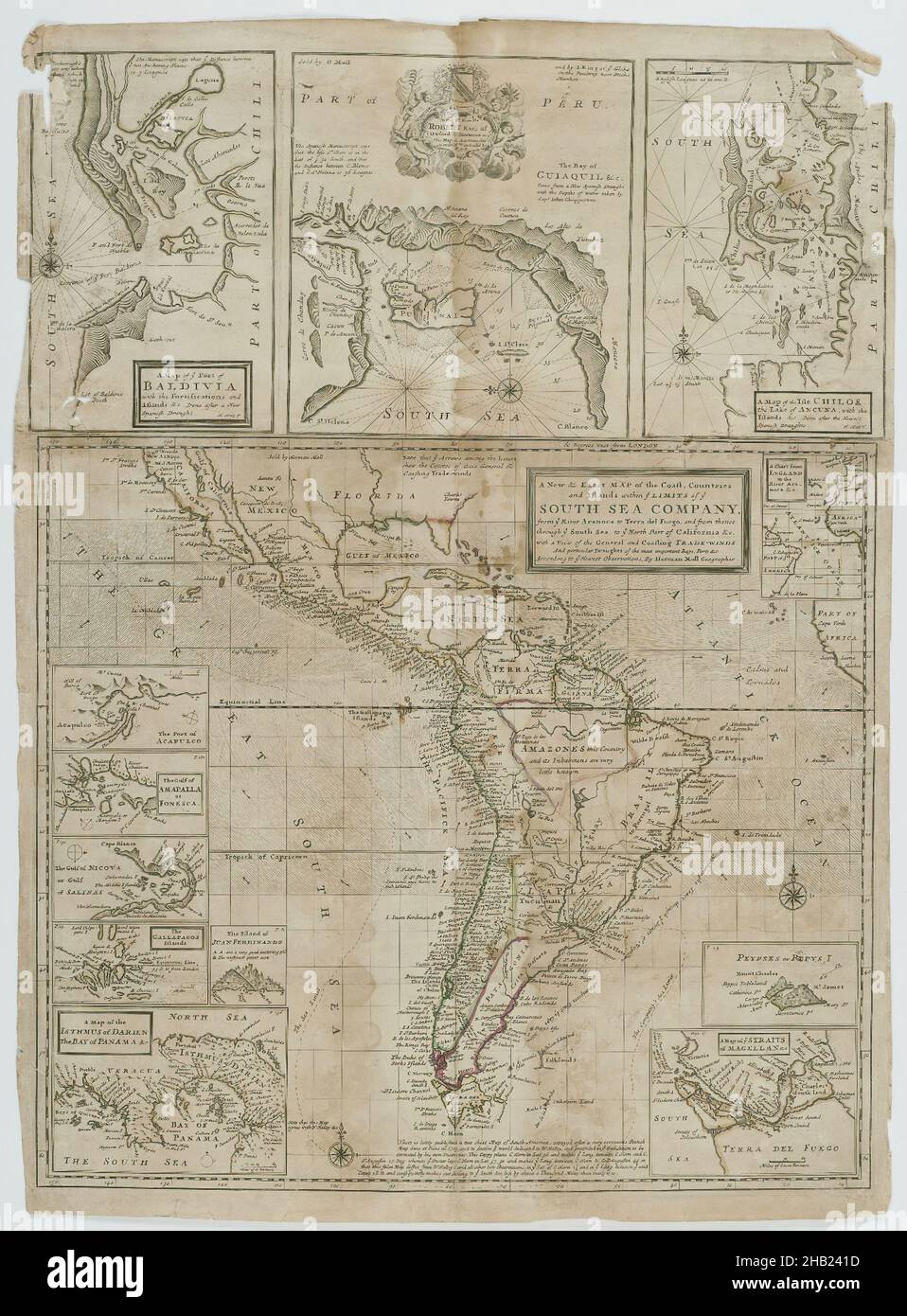 Una mappa nuova ed esatta dei paesi e delle isole della costa entro i limiti Ye della Ye South Sea Company, Herman D. Moll, tedesco, 1654-1732, incisione, N.d., foglio: 19 7/8 x 27 3/8 pollici, 50,5 x 69,5 cm Foto Stock