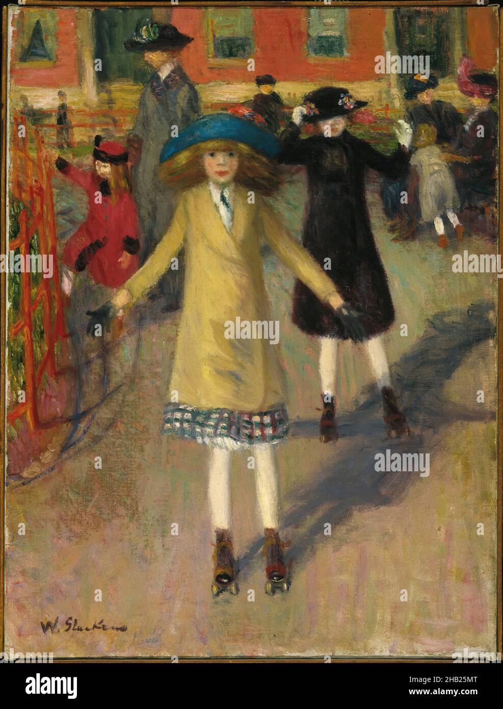 Bambini Rollerskating, William Glackens, americano, 1870-1938, olio su tela, circa 1912-14, 23 3/4 x 17 15/16 poll., 60,3 x 45,6 cm, 20th, 20thC, olio americano, Century, infanzia, bambini, arte dell'inizio del 20th secolo, femmina, figure femminili, divertimento, ragazze, impressionista, tempo libero,moda, vita, lifestyle, ndd12, pittura, rosso, rollerstaking, ombre, sport, giallo Foto Stock