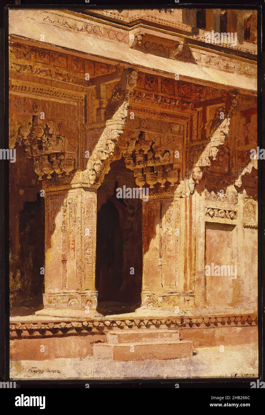 Archi di arenaria rossa curiosamente lavorati, Fort Agra, India, Edwin Lord Weeks, americano, 1849-1903, olio su tela, ca. 1885-1895, 19 1/4 x 13 pollici, 48,9 x 33 cm, architettura, sculture, pittura, sabbia, ombre, luce solare Foto Stock