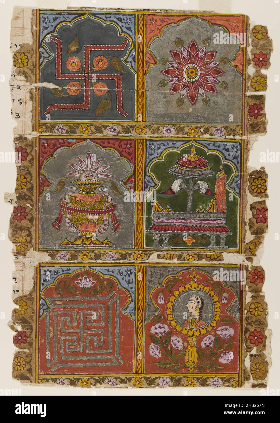 Frammento di un Jain Vijnaptipatra, indiano, acquerello opaco su carta, Rajasthan, India, ca. 1725-1750, foglio: 12 1/2 x 8 5/8 pollici, 31,8 x 21,9 cm, Ashtamangala, Bhadrasana, Darpana, Fiori, Invito, Jain, Kalasha, Lotus, Mewar School, Specchio, Monks, Nandyavarta, carta, Parasol, Ritratto, Rajasthan, piazze, Svastika, Swastika, Simboli, Udaipur, vaso, acquerello, Leone Foto Stock Frammento di un Jain Vijnaptipatra, indiano, acquerello opaco su carta, Rajasthan, India, ca. 1725-1750, foglio: 12 1/2 x 8 5/8 pollici, 31,8 x 21,9 cm, Ashtamangala, Bhadrasana, Darpana, Fiori, Invito, Jain, Kalasha, Lotus, Mewar School, Specchio, Monks, Nandyavarta, carta, Parasol, Ritratto, Rajasthan, piazze, Svastika, Swastika, Simboli, Udaipur, vaso, acquerello, Leone Foto Stock
