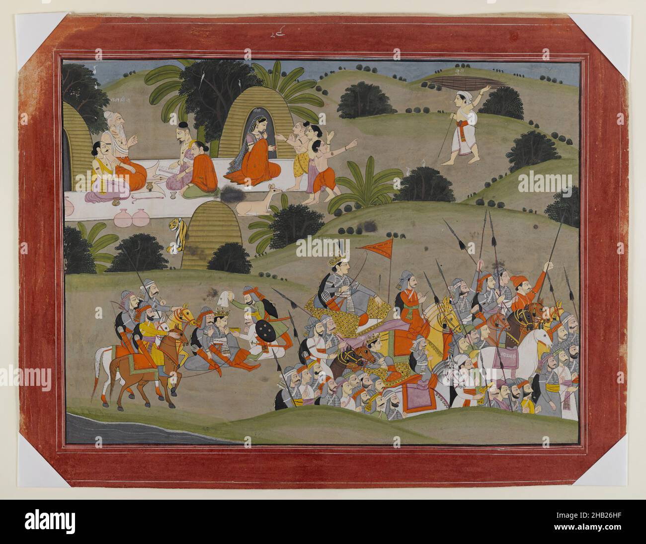 Battaglia tra Lava e il fratello di Rama, Shatrughna, nei pressi dell'eremo di Valmiki, pagina da una dispersa Serie Ramayana, indiana, acquerello opaco e oro su carta, Punjab Hills, India, ca. 1820, foglio: 13 1/4 x 17 1/4 pollici, 33,7 x 43,8 cm, Animali, Chariot, India orientale, Oro, Cavallo, Kangra, Orissa, carta, Punjab Hills, Ramayana, Rescue, Shyamakarna, Sita, Tiger, Acquerello Foto Stock