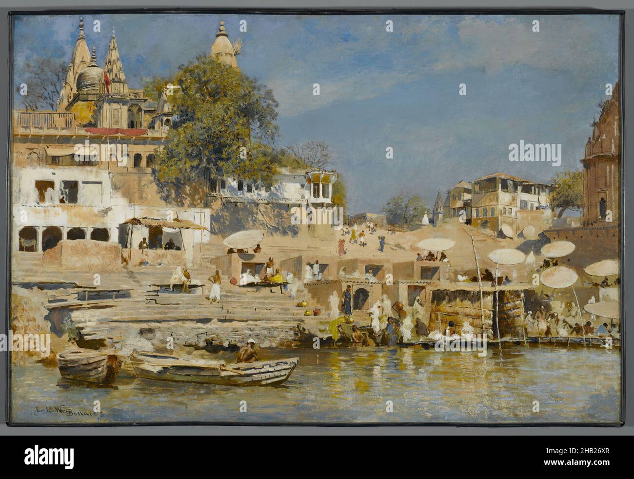 Templi e Gat da bagno a Benares, Edwin Lord Weeks, americano, 1849-1903, olio su tela, circa 1883-1885, 19 15/16 x 29 15/16 pollici, 50,6 x 76 cm, american, american art, pittura americana, bagno, Bagni, bagni, barca, settimane Edwin Lord, induismo, Pensiero indiano, diciannovesimo secolo, pittura ad olio, pittura, riva, Templi, Templi e Gat da bagno a Benares, ombrello, ombrelloni, Varanasi, acqua Foto Stock