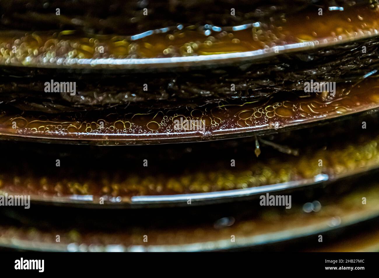 Frantoio tradizionale (Moulin a Huile Traditionnel) a Draguignan, Francia. Nei frantoi tradizionali, si possono ancora vedere le scalate sulla strada per l'olio d'oliva. Qui si può vedere olio e acqua di frutta che esaurono la stampa e che sono raccolti, Draguignan, Dipartimento Var, Provenza, Francia Foto Stock