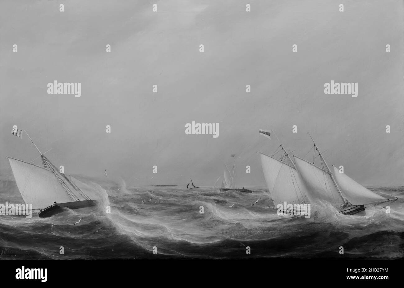 Yacht Racing Off the Coast, William Clark, Scottish, 1803-1883, olio su tela, Europa, 1837, 20 x 30 pollici, 50,8 x 76,2 cm, barca, paesaggio oceanico, gara, vele, mare, nave, tempesta, yacht Foto Stock