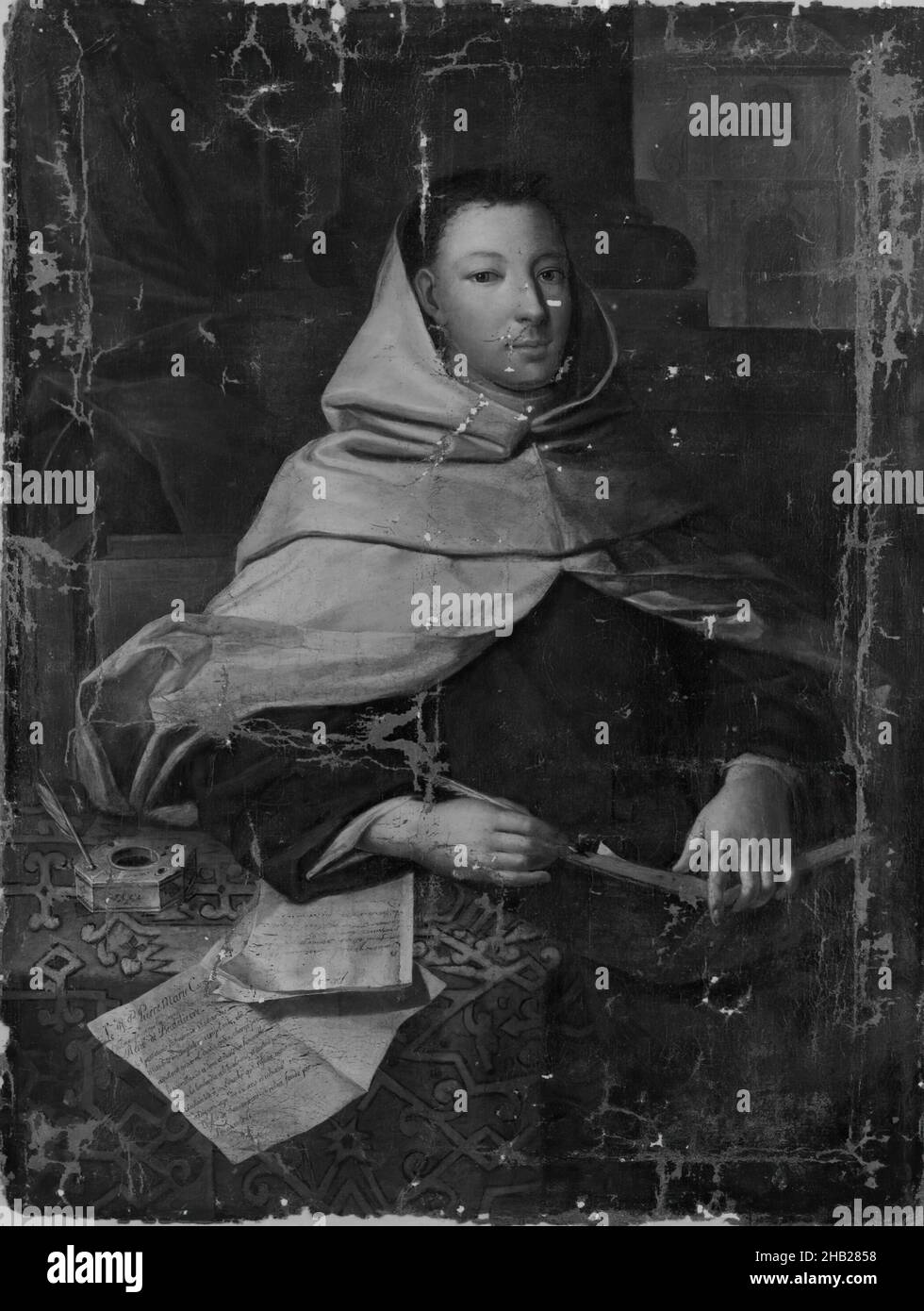 Ritratto di un ecclesiastico, Scuola Francese, olio su tela, Francia, 18th secolo, 50 1/2 x 28 1/2 pollici, 128,3 x 72,4 cm, pittura francese, inchiostro, ritratto, quill Foto Stock