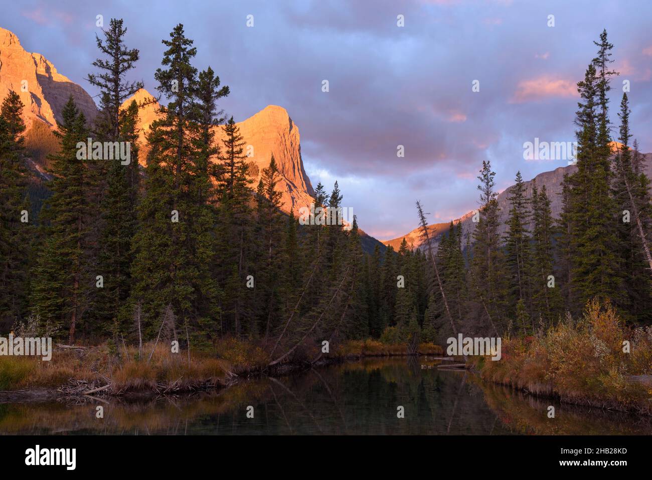 Ha Ling Peak e Monte Lawrence grassi all'alba in autunno, Canmore, Alberta, Canadian Rockies Foto Stock