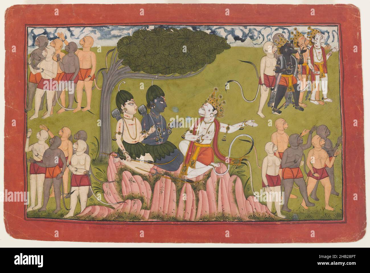 Rama e Lakshmana conferiscono a Sugriva informazioni sulla Ricerca di Sita, pagina di una Serie dispersa Ramayana, indiana, acquerello opaco e oro su carta, ca. 1700-1710, foglio: 7 7/8 x 12 pollici, 20,0 x 30,5 cm, Arte Asiatica, demone, epica, Oro, Eroico, indù, indiano, Lakshmana, Mankot, Scimmia, mitologia, carta, Punjab Hills, Rama, SITA, narrazione, Sugriva, Watercolor Foto Stock