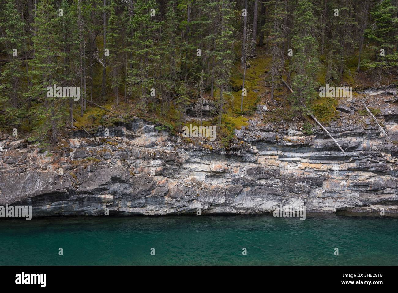 Fiume glaciale in una gola vicino al lago Minnewanka, Banff National Park, Alberta, Canada Foto Stock