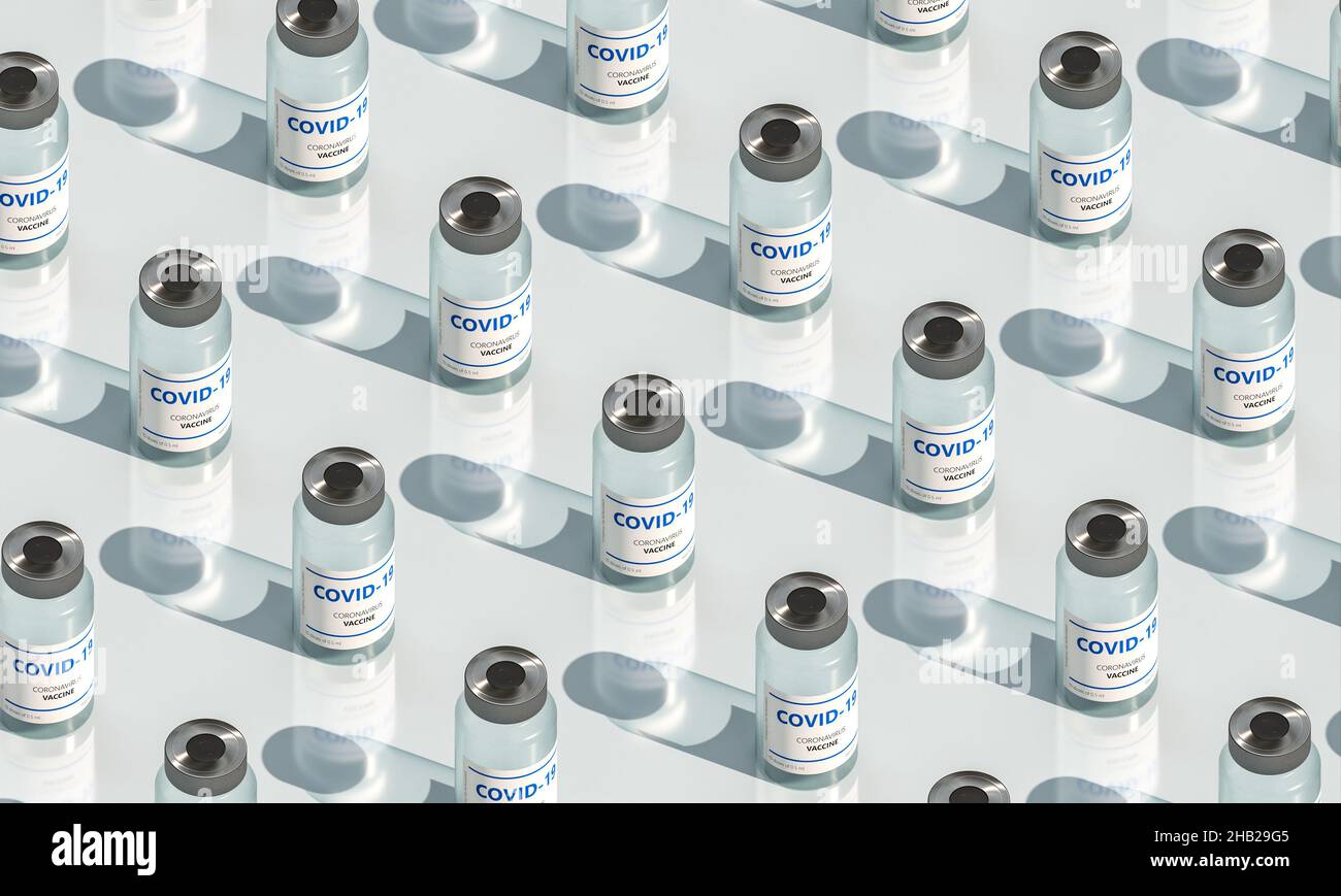 flaconcini piatti a lay di covid vaccine-19. 3d rendering Foto Stock