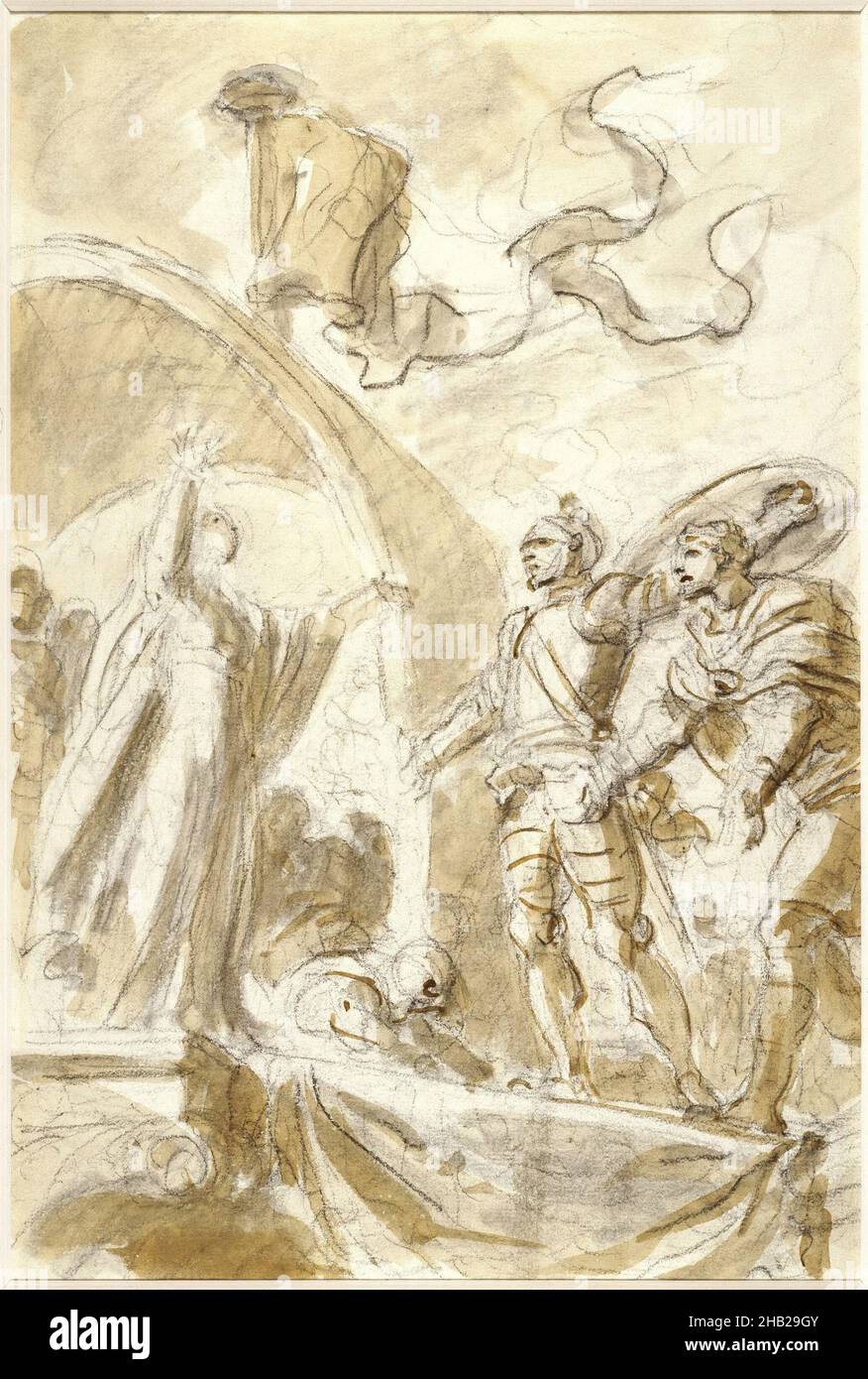 Illustrazione di 'Orlando Furioso' di Ariosto: Orlando Restituisce Bireno a Olimpia, Jean-Honoré Fragonard, Francese, 1732-1806, Black conté crayon and Wash on Laid paper, Francia, 1780-1789, foglio: 15 3/4 x 10 5/8 in., 40 x 27 cm, armatura, pastello, disegno, bandiera, fragonard, francese, regale, rococò Foto Stock