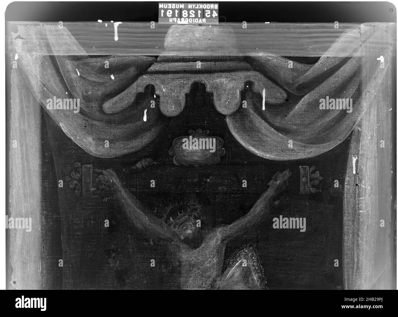 Cristo di Chalma, olio su tela, Messico, fine 18th-inizio 19th secolo, 24 3/8 x 16 1/2 in., 18th secolo, 19th secolo, cristo, cristiano, Cristianesimo, croce, corona, crocifissione, crocifisso, morte, tendaggi, dio, alone, gesù, Maria, Pittura messicana, chiodo, inchiodato, olio su tela, punire, religiosi, santi, simbolici, spine, raggi x. Foto Stock