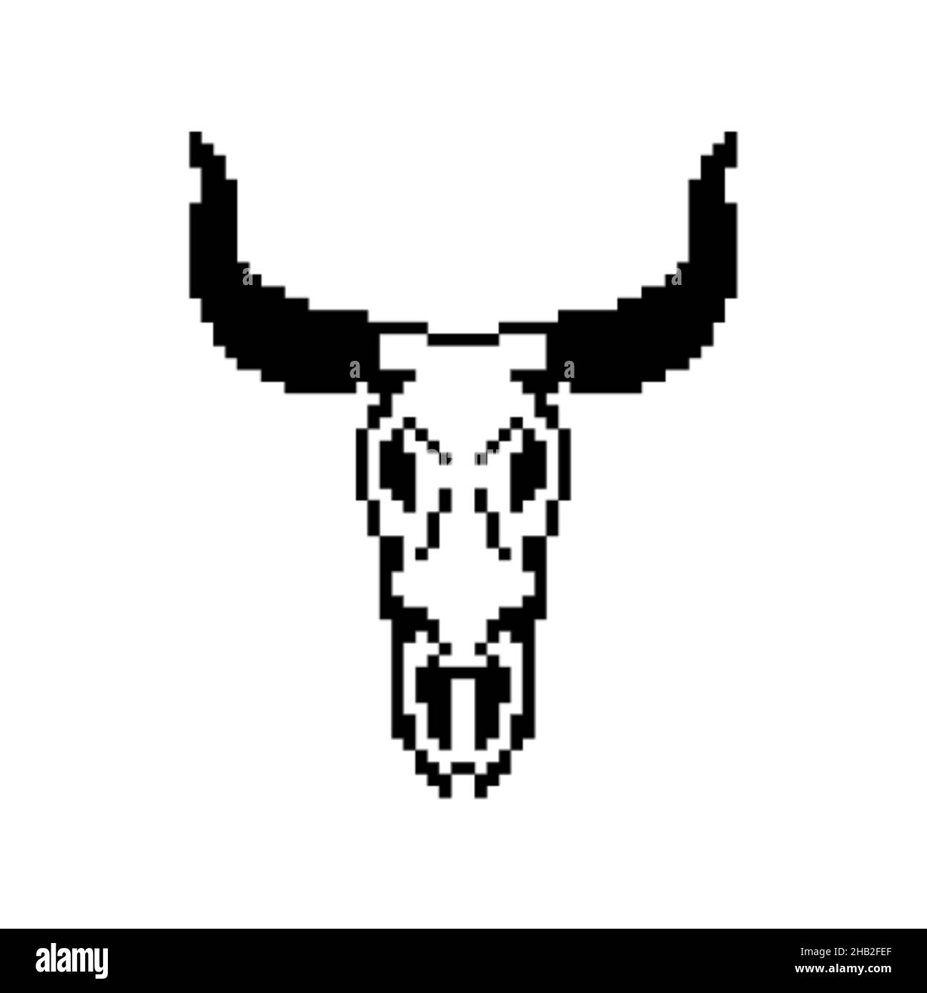 Cow cranio pixel art isolato. Illustrazione del vettore dello scheletro della Cow a 8 bit Illustrazione Vettoriale