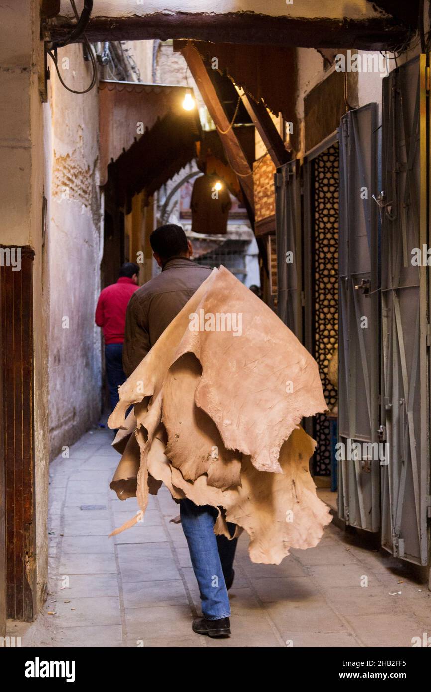 Fez, Marocco - Febbraio 23. 2019: Gente locale che trasporta la pelle grezza sul retro attraverso la stretta corsia in medina (centro storico) al mercato vicino a. Foto Stock