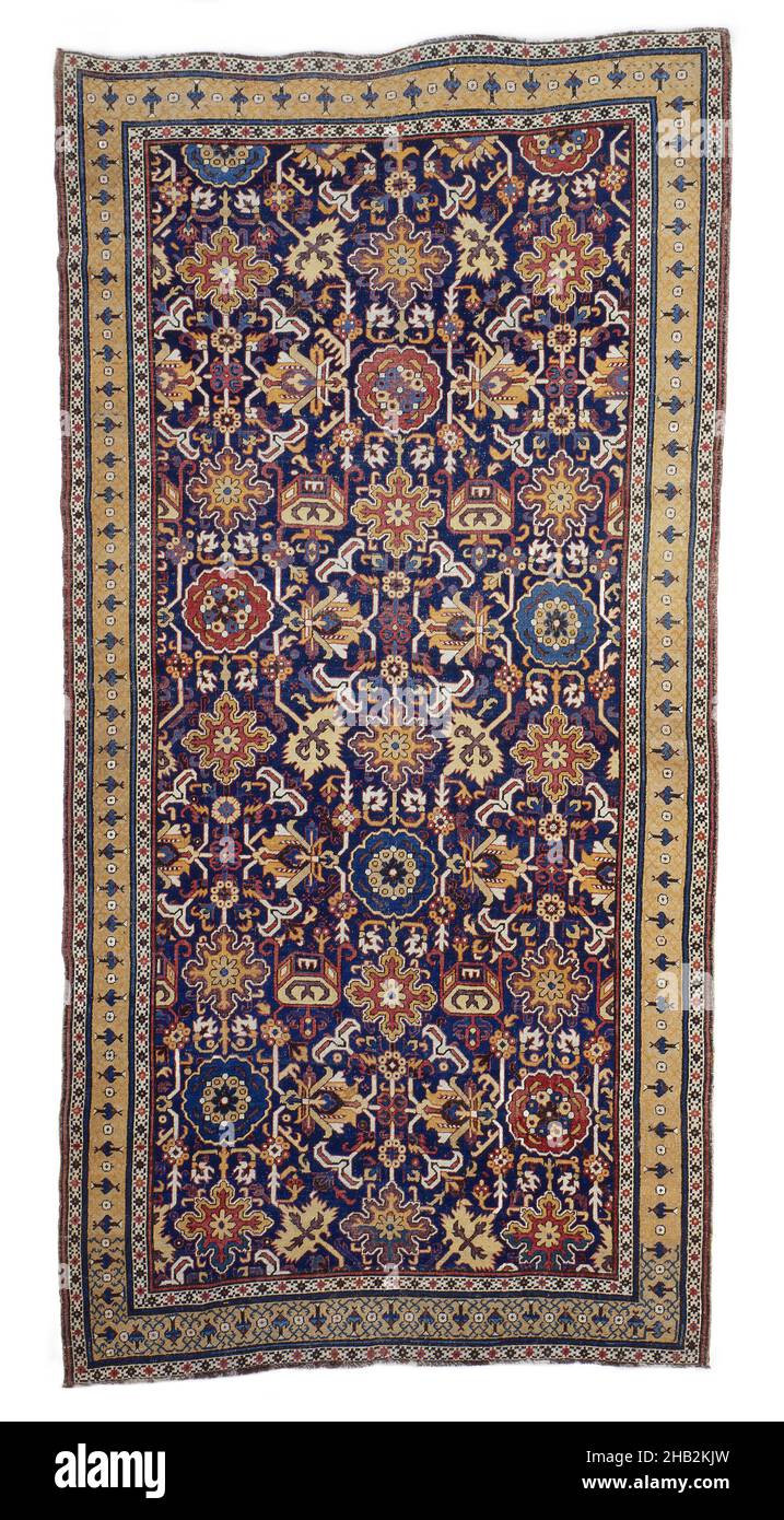 Carpet Kuba con Afshan modello su terreno blu, transcaucasico, inizio 19th secolo, lana, Kuba, Raion di Kuba, Caucaso, Azerbaigian, Asia, Karabagh, Herat, Caucaso, Afghanistan, Asia, coperture e impiccagioni, tessuti, 12 piedi 7 poll. x 75 poll. (383,5 x 190,5 cm Foto Stock