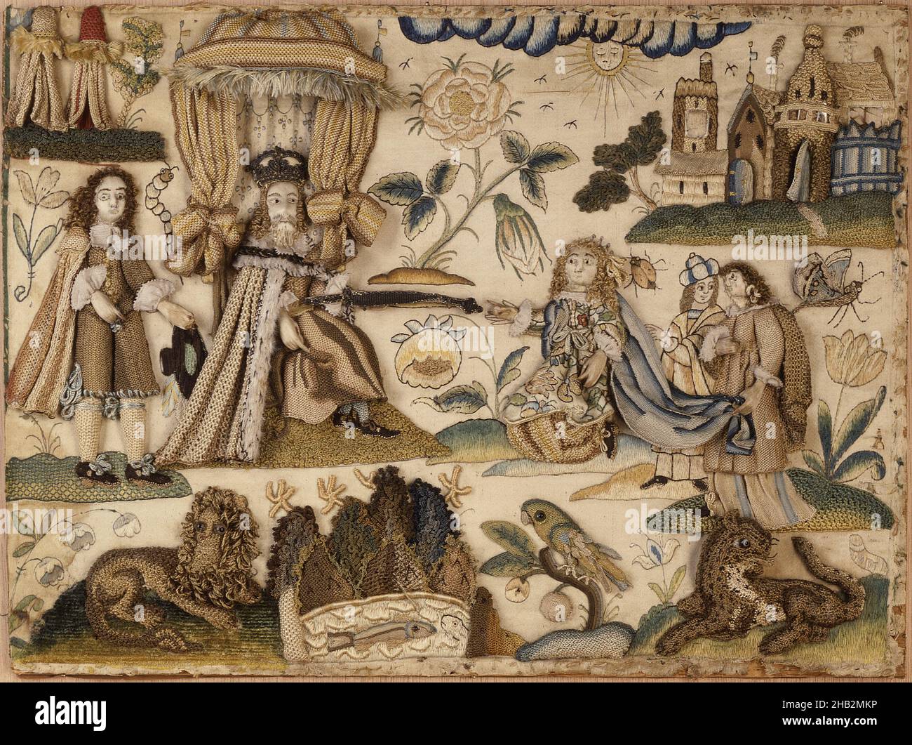 Re Ahasuerus e Regina Esther, inglese, c.1660, seta ricamata con seta e filati metallici, e isinglass, fabbricato in Inghilterra, Europa, rivestimenti e pende, tessuti, interni: 10 1/8 x 13 5/8 pollici (25,7 x 34,6 cm Foto Stock