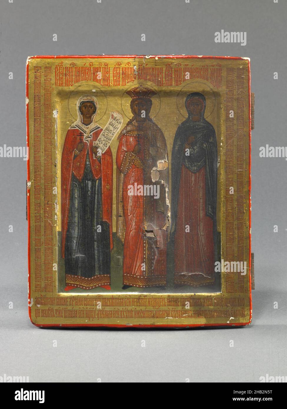 Icona Menologion con STS. Paraskeve, Caterina, e Anastasia, russa, fine del 17th secolo, Tempera su legno, made in Russia, Europe, dipinti, 9 1/4 x 7 1/2 poll. (23,5 x 19,1 cm Foto Stock