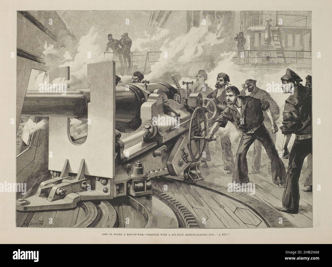 Life on Board a Man-of-War: Pratica con una pistola da sei pollici per il caricamento della culatta: 'A hit!', William Heysham Overend, British, 1851–1898, The Illustrated London News, 1889, incisione del legno, made in England, Europe, Stampe, foglio: 10 3/4 x 15 13/16 pollici (27,3 x 40,2 cm Foto Stock