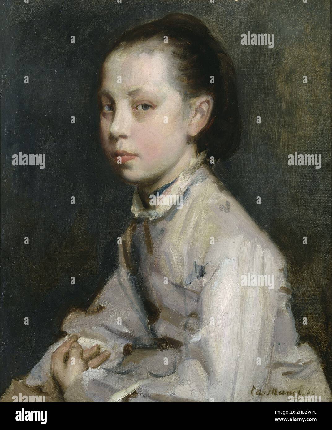 Ritratto di una ragazza, Édouard Manet, francese, 1832–1883, sconosciuto, 1862, olio su tela, dipinti, 18 1/4 x 15 1/8 poll. (46,4 x 38,4 cm Foto Stock