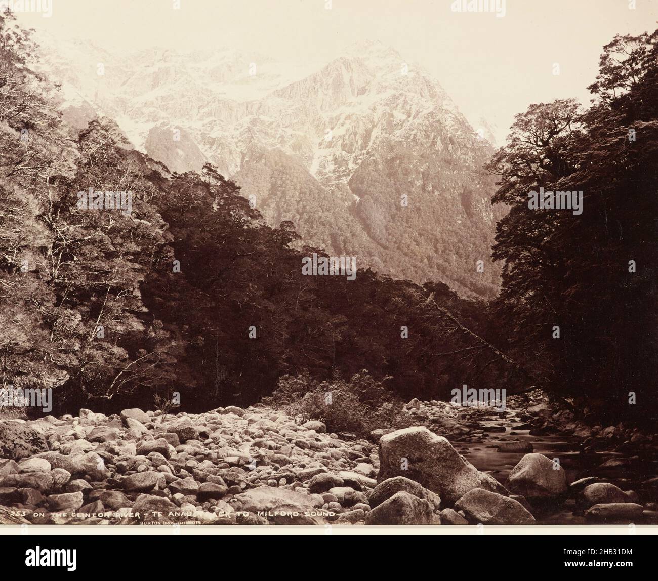 Sul fiume Clinton, te Anau a Milford Sound, studio Burton Brothers, studio fotografico, circa 1889, Dunedin, Alfred Burton (1834–1914) ha sfidato il freddo di un inverno Fiordland per scattare queste fotografie. Dopo quasi due mesi di sgrossatura con il figlio Harold e un altro assistente, aveva completato la serie paesaggistica ‘Wintering on Lakes te Anau e Manapouri Foto Stock