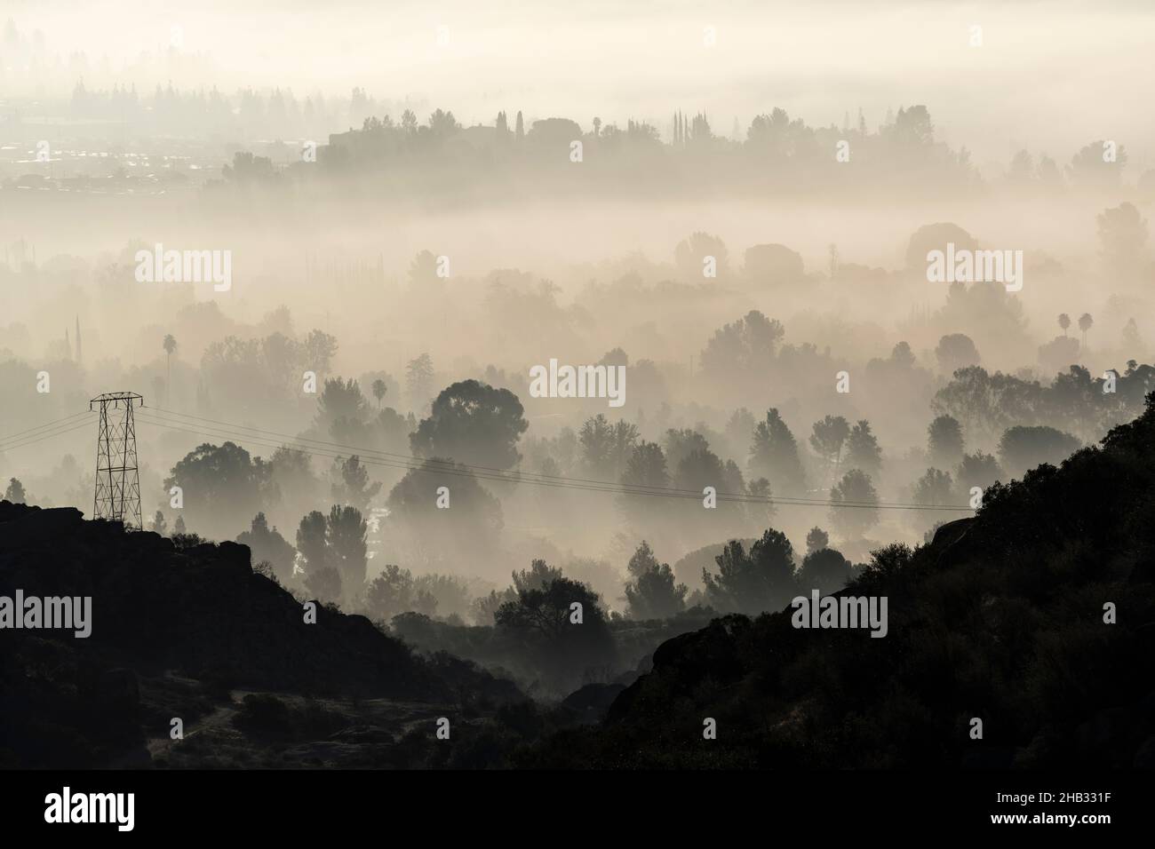 Nebbia mattutina nel sobborgo ovest della San Fernando Valley di Los Angeles, California. Foto Stock