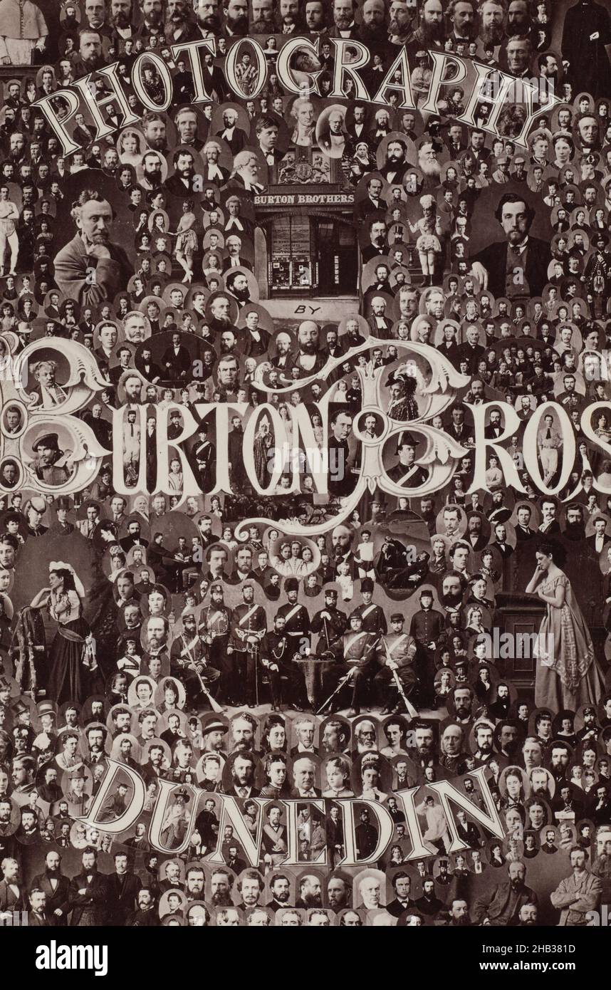 Ritratto montaggio, studio Burton Brothers, studio fotografico, circa 1875, Dunedin, Fotografia in bianco e nero, Image è una raccolta di ritratti di Burton Brothers che mostrano molti volti diversi Foto Stock